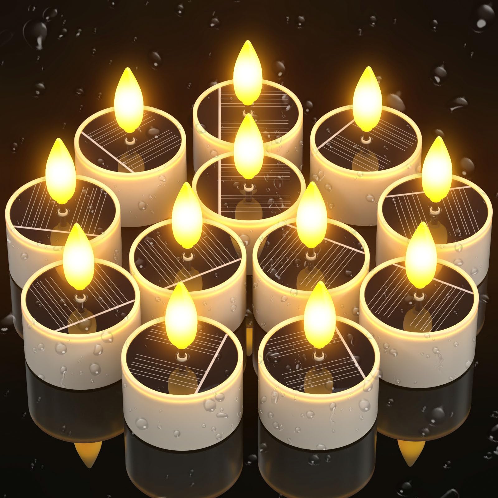PChero 12er Set Solar Teelichter für Außen, LED Flackernd Solar Kerzen Outdoor Wasserdicht, Aufladbare Teelichter Solarkerzen mit Dusk to Dawn Sensor für Garten Terrassen Balkon Laterne Grab Deko