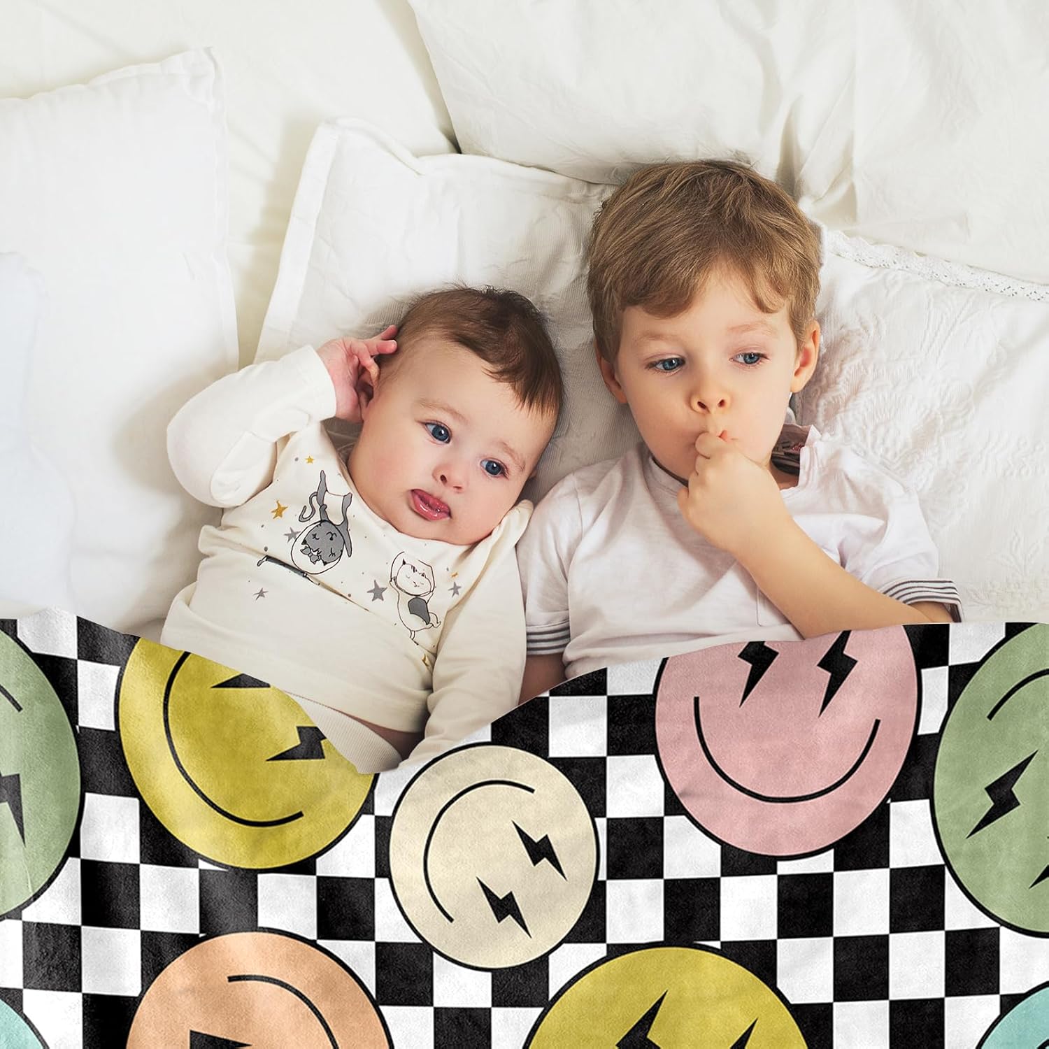 JarThenaAMCS Fuzzy Flannel Blanket Hippie Smile Face Checkerboard Throw Blanket for Home Chair Sofa Couch Bed, 50 x 60 Inch - Image 7