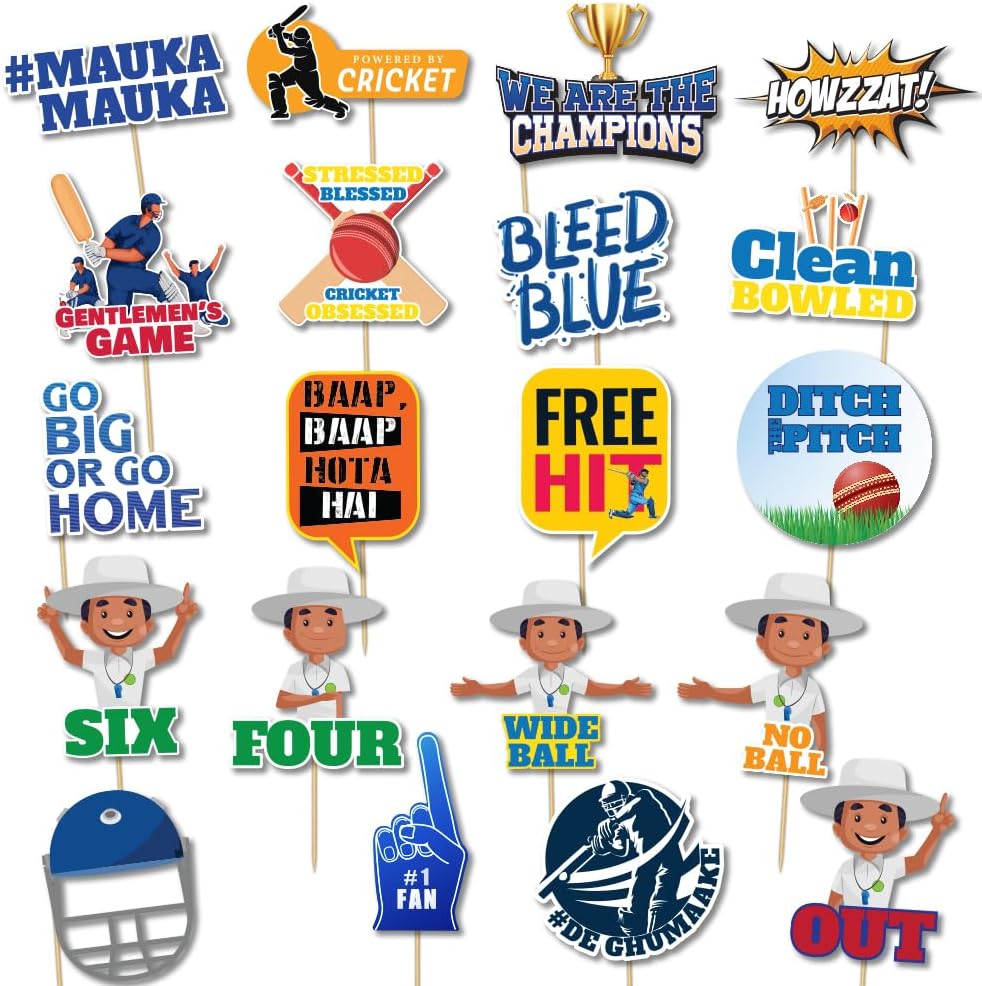 Festiko Cardstock Set Of 20 Pcs Cricket Photobooth Props, Cricket Party Props, Cricket Theme Decorations, Indian Cricket Team, Multicolor
