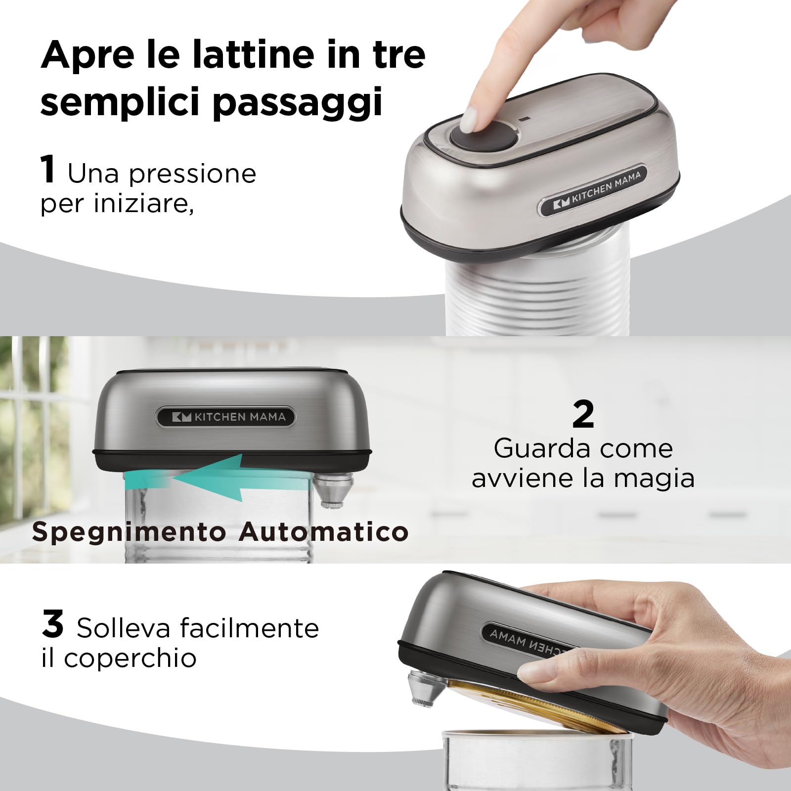 Apriscatole ricaricabile Orbit One di Kitchen Mama: Funzionamento a mani libere, ricarica di tipo C, spegnimento automatico, bordo liscio (acciaio inossidabile)