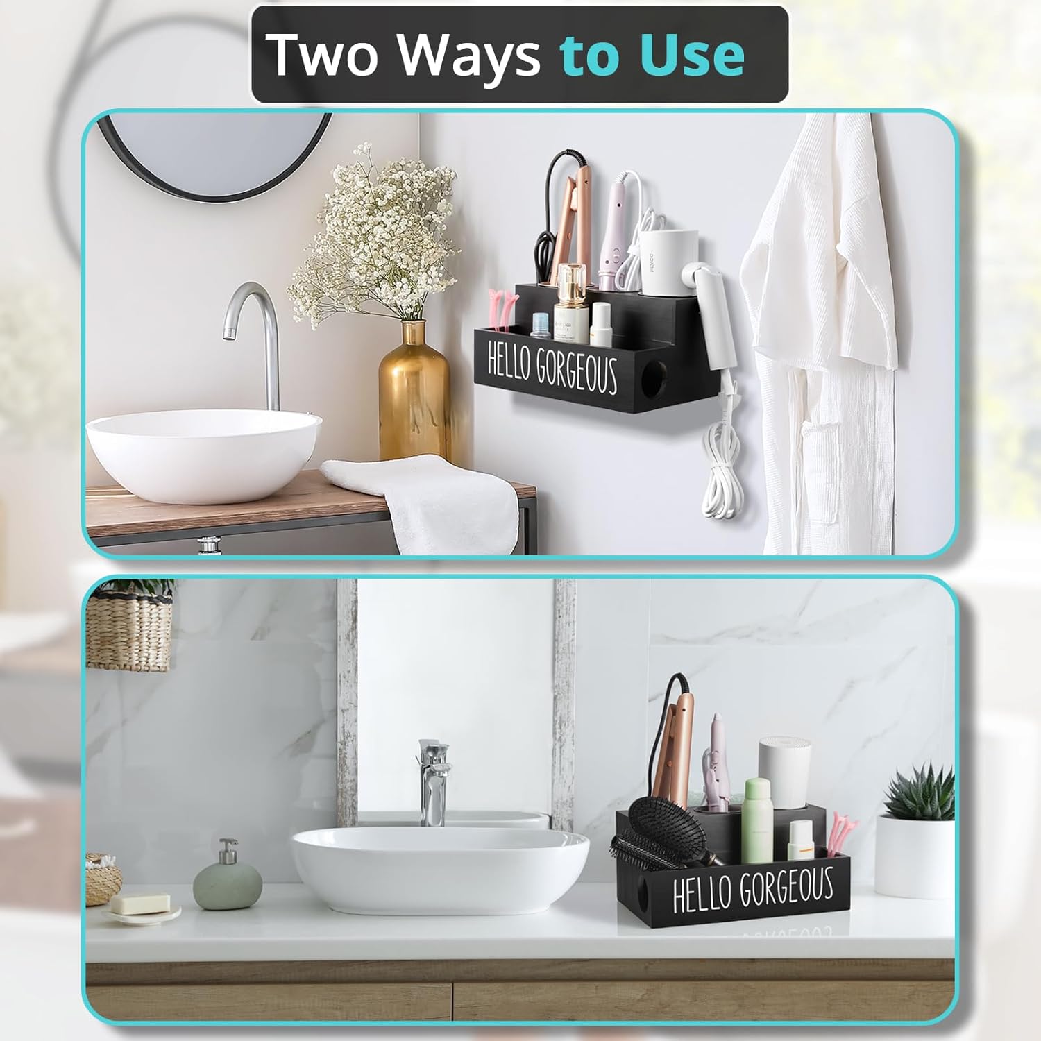 Bivvclaz Mouthwash Dispenser for Bathroom, 16 OZ Glass Mouthwash Dispenser with Pour Spout and Wood Cup Holder and Tray Plus Hair Tool Organizer Wall Mount, Wooden Hair Dryer Holder Countertop