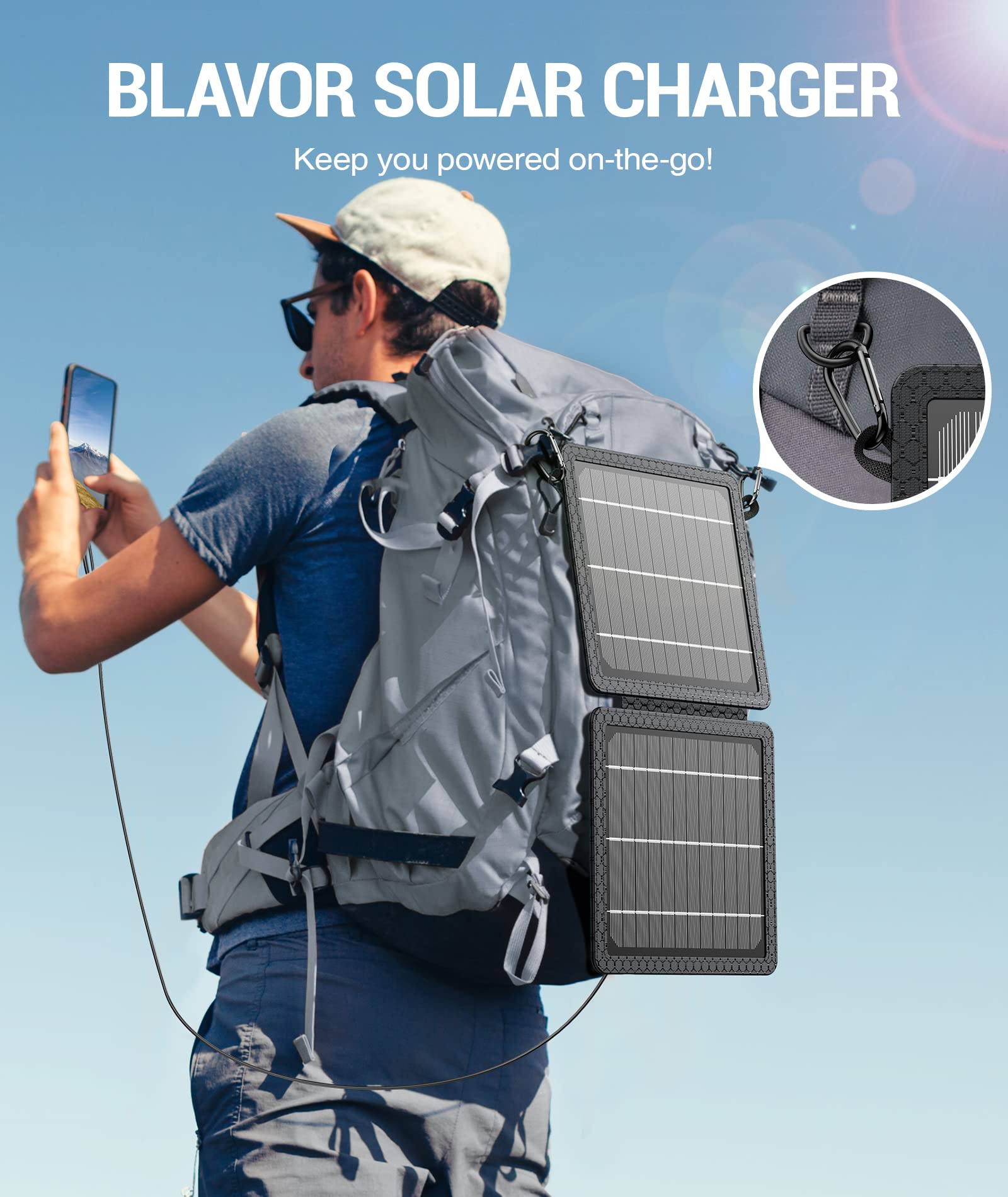 BLAVOR Caricatore solare portatile da 10 W (5 V/2 A max), piccolo pannello solare pieghevole con uscite USB-C USB-A, compatibile con tablet per telefoni cellulari, impermeabile IPX4, per campeggio