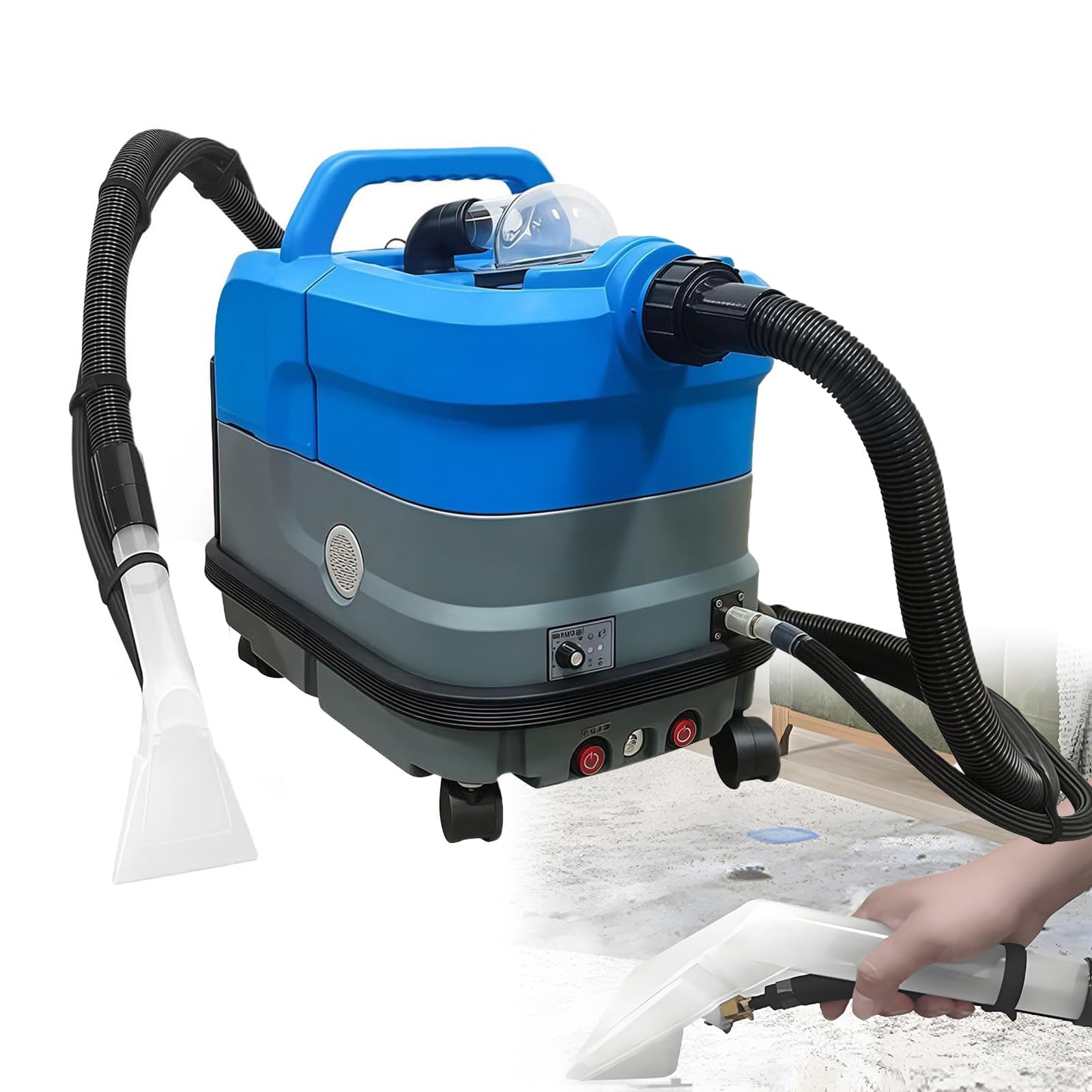 Limpiadora Comercial Calentada para Alfombras y Muebles, Depósito de Agua Limpia de 7,5 Litros y Depósito de Agua Residual Extraíble de 12 Litros, Calentamiento en 15 Segundos, Limpieza Profunda