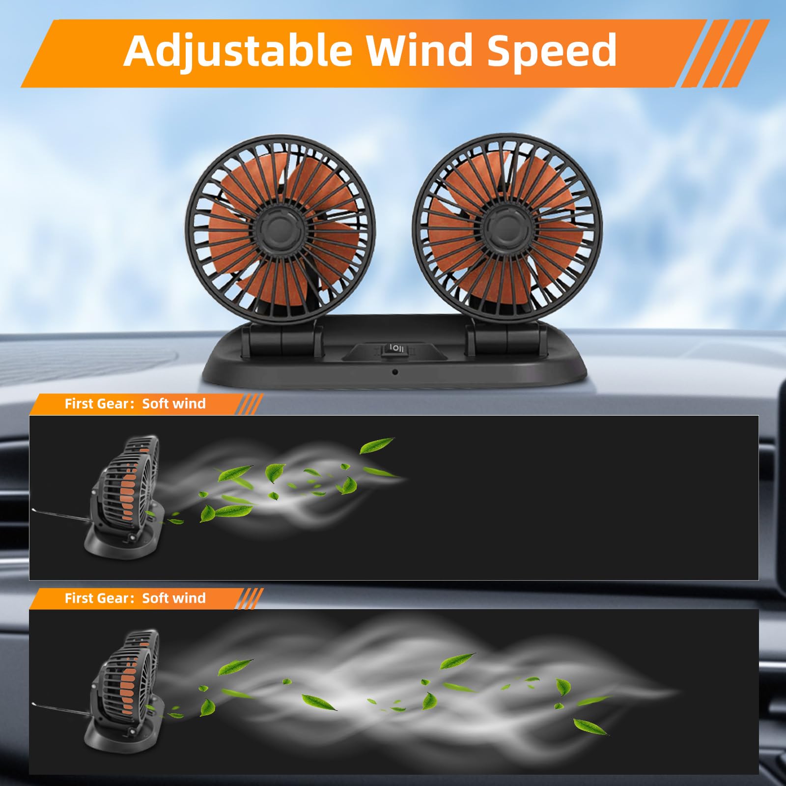 Baceyong Ventilateur de refroidissement de voiture à double tête 24V avec port allume-cigare pour camion, camionnette, SUV, camping-car, bateau, 360° horizontal 180° vertical pivotant réglable