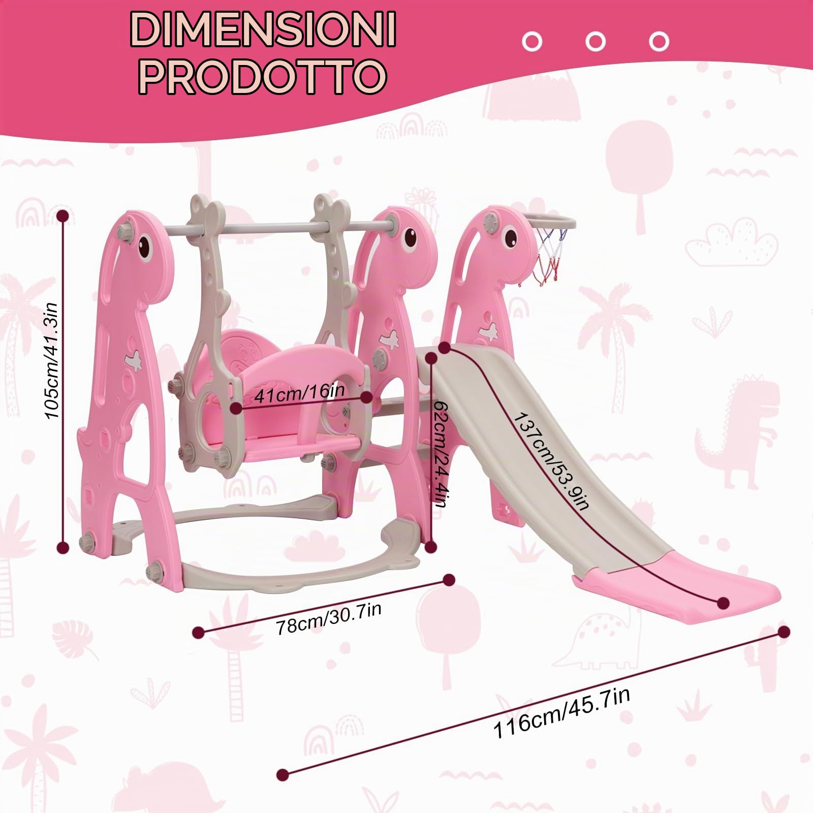 Set di scivolo e altalena per bambini con pallacanestro | Scivolo da interni per bambini, set da gioco autoportante e altalena regolabile in altezza (rosa)