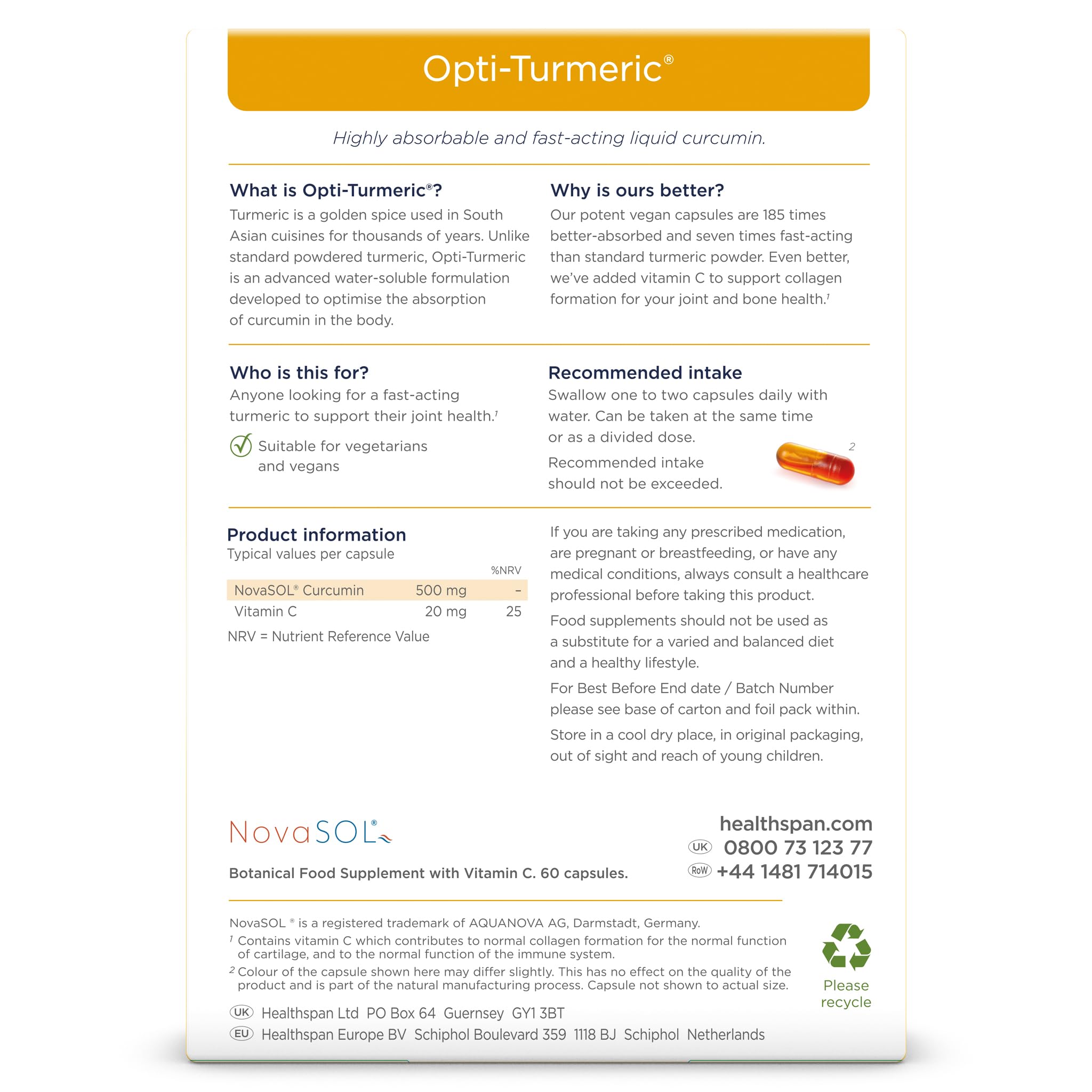 Healthspan Opti-Turmeric | hochfestes flüssiges Curcumin mit 500 mg | unterstützt Knorpelbildung | Superfood | 185-mal besser absorbiert und 7 mal schneller als Standard-Kurkuma | Vegan (60 Kapseln)