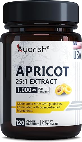 Extracto de albaricoque 25:1, 500 mg por cápsula 1000 mg por porción Suplemento de hierbas de apoyo inmunológico (paquete de 1) (120 cápsulas)