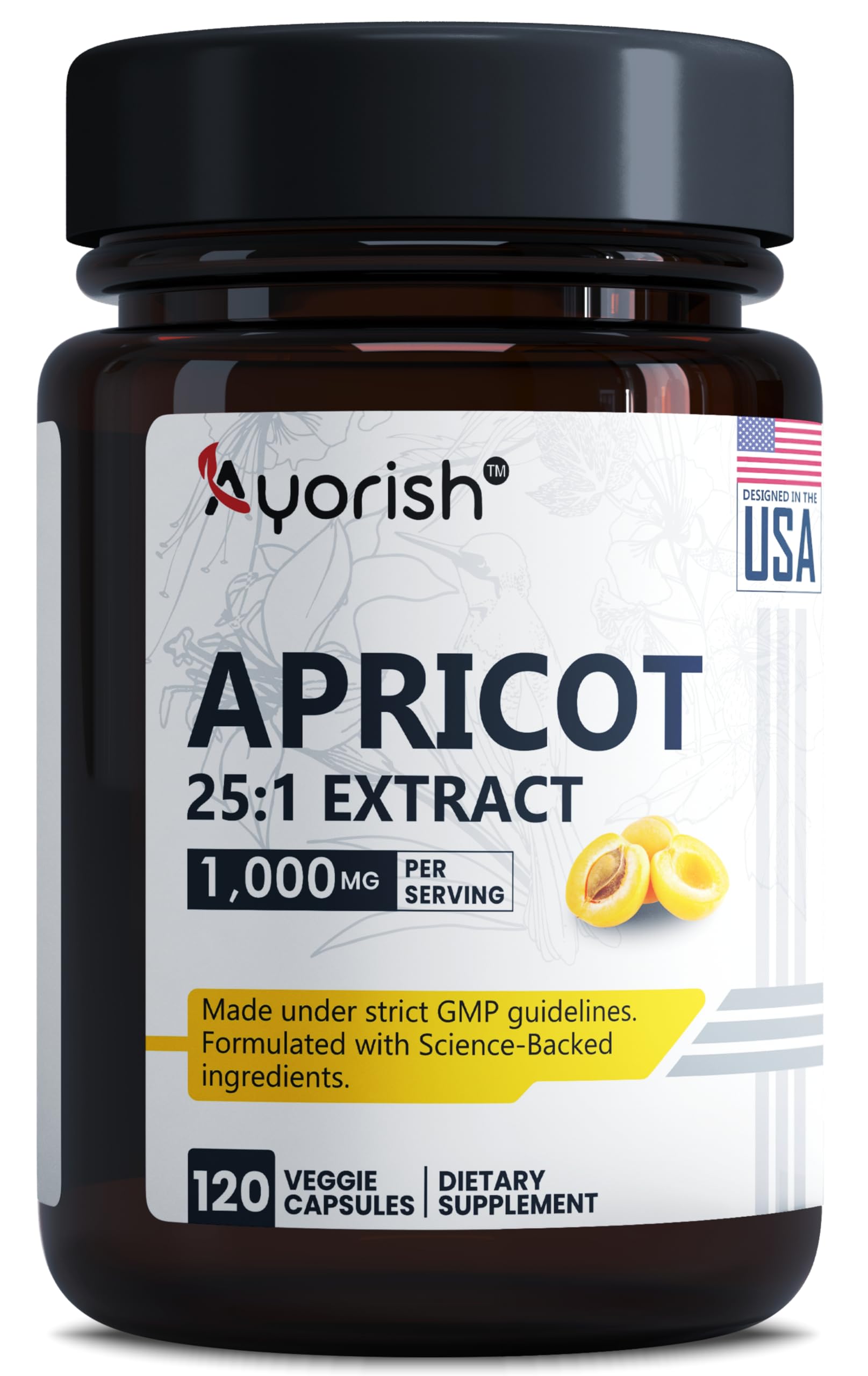 Ayorish Apricot Extract 25:1, 500 mg per Capsule 1000 mg Per Servings Immune Support Herbal Supplements (Pack of 1) (120 Capsules)