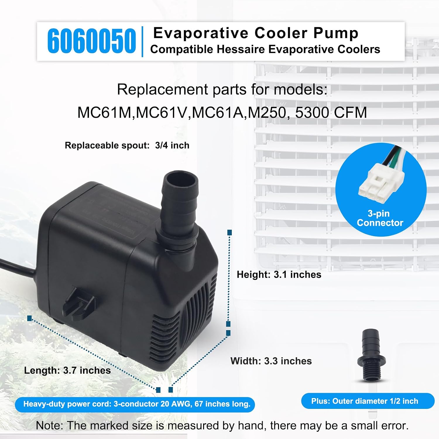 6060050 Evaporative Cooler Pump Swamp Cooler Replacement Pump Compatible with Hessaire MC61M, MC61V, MC61A, M250, 5300CFM Portable Evaporative Cooling Fan