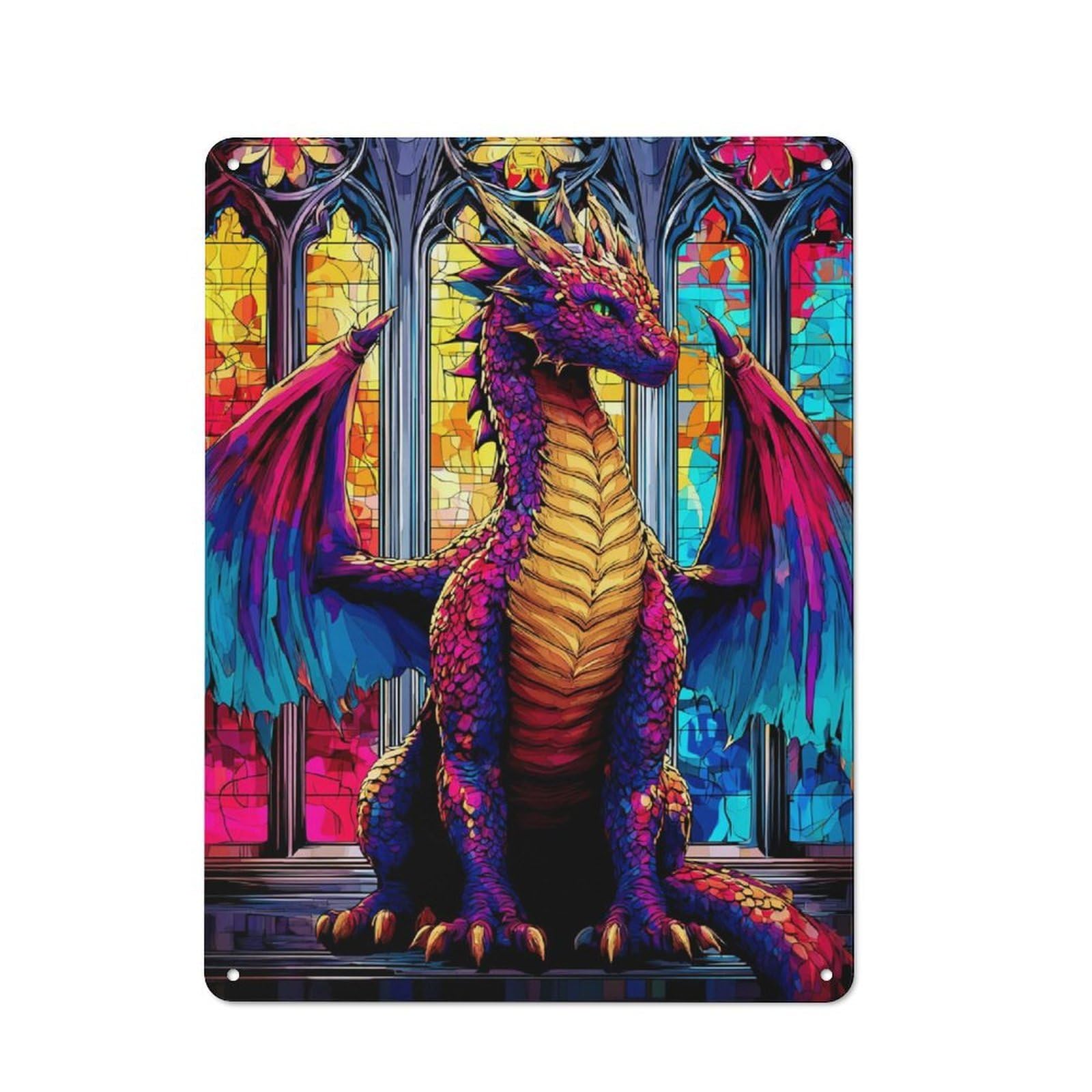 Junmoney Colorful Dragon In Cathedral Garage Metal Sign 40X30cm, Retro Workshop Wall Decor For Tool Room, Garage, Studio Or Home Bar