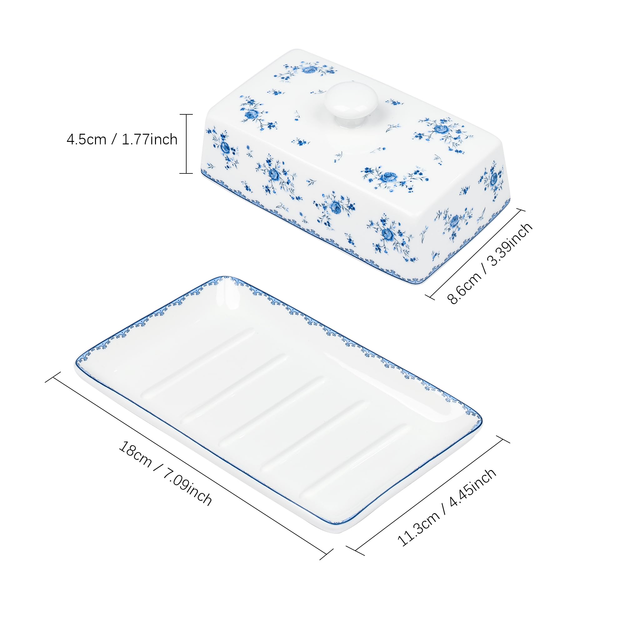 fanquare Fleurs Roses Boîte à Beurre en Céramique avec Couvercle et Poignée pour 250 g de Beurre, Grand Beurrier Porcelaine, Beurrier de Qualité Supérieure