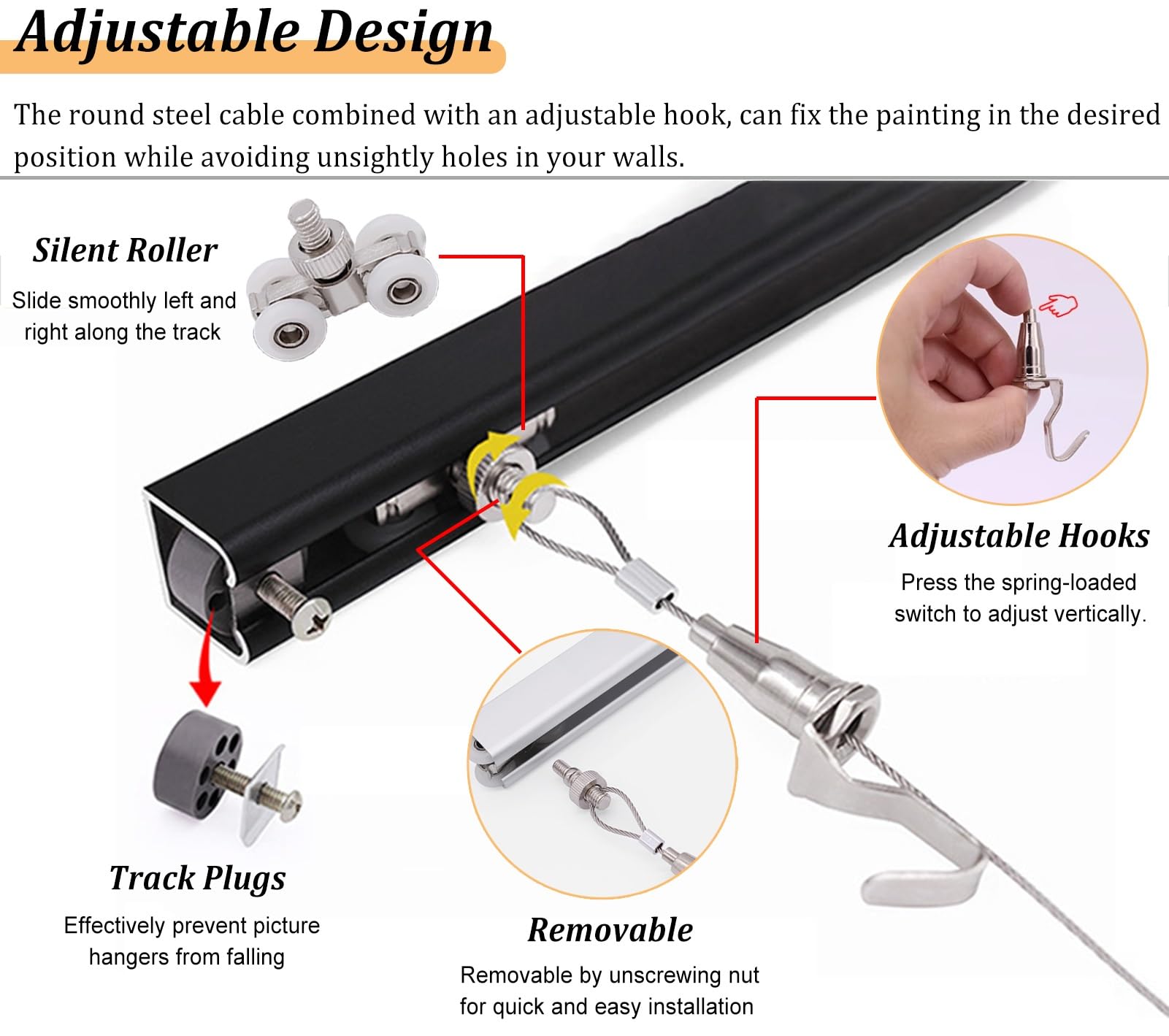 Sistema para colgar cuadros, riel montado en el techo con cable de 3.2 pies para obras de arte, ganchos de moldeo de marcos de fotos, juego de cables de suspensión de pared, blanco, 39 pulgadas de
