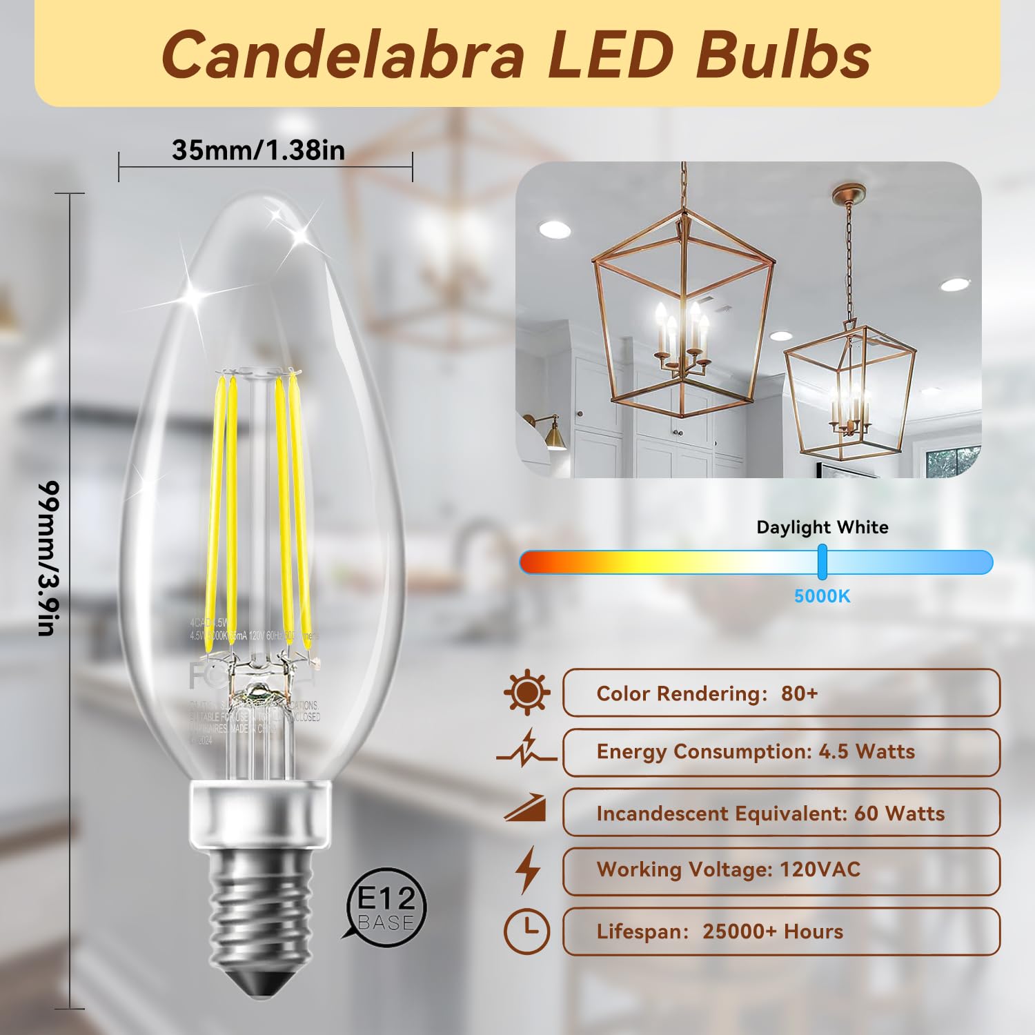 TJOY LED Candelabra Bulbs Dimmable 60W Equivalent Chandelier Light Bulb E12 Small Base 4 5W 5000K Daylight White — view 2