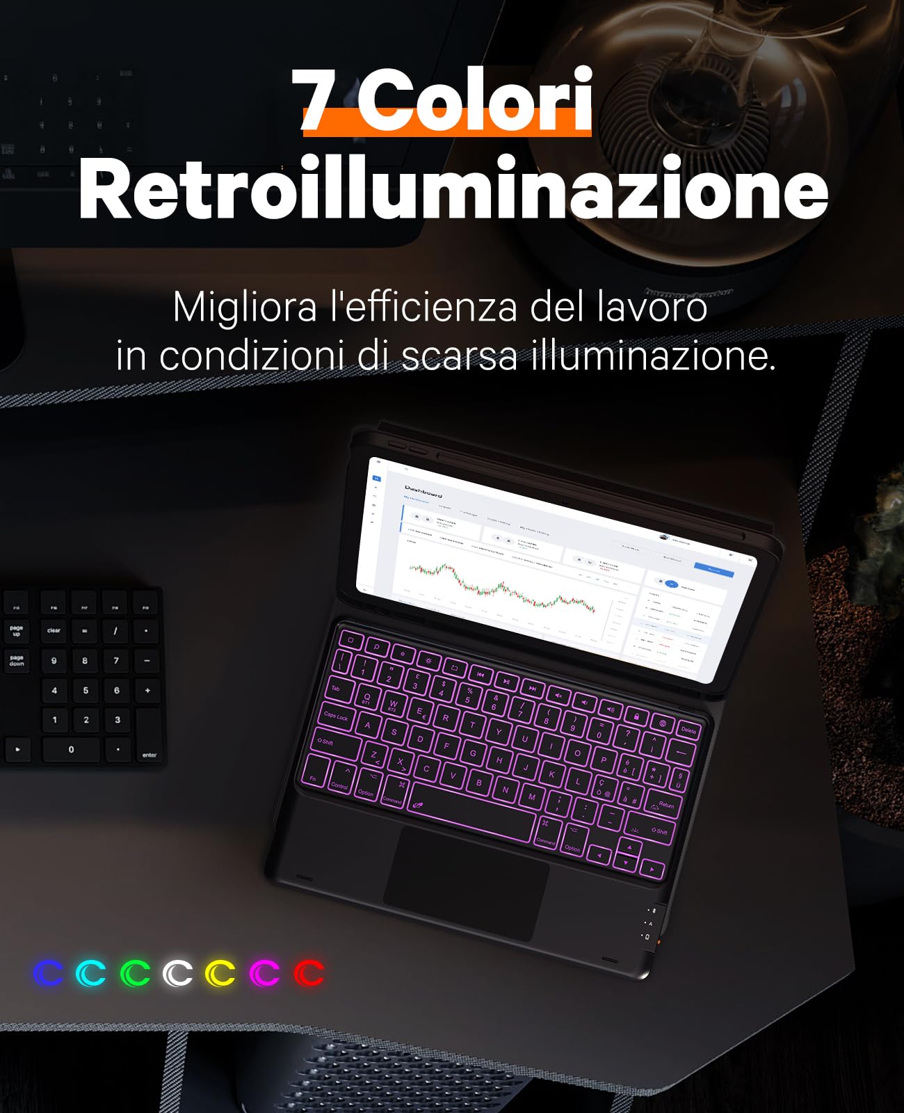CHESONA Tastiera iPad 10 Generazione, Touchpad Intelligente, Cover con Tastiera iPad 10 Generazione 10.9” 2022, Retroilluminazione a 7 Colori, 2 Canali BT, Magnetica Italiano Bluetooth Tastiera, Nero