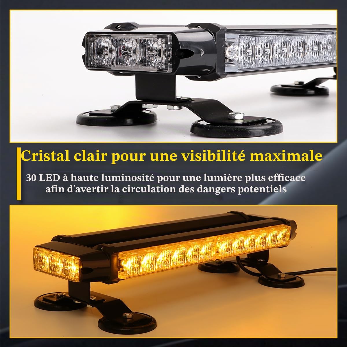 Barre lumineuse clignotante stroboscopique - Rampe Gyrophare de Sécurité 30 LED Haute Intensité pour, éclairage, avertissement de danger d'urgence (ambre)