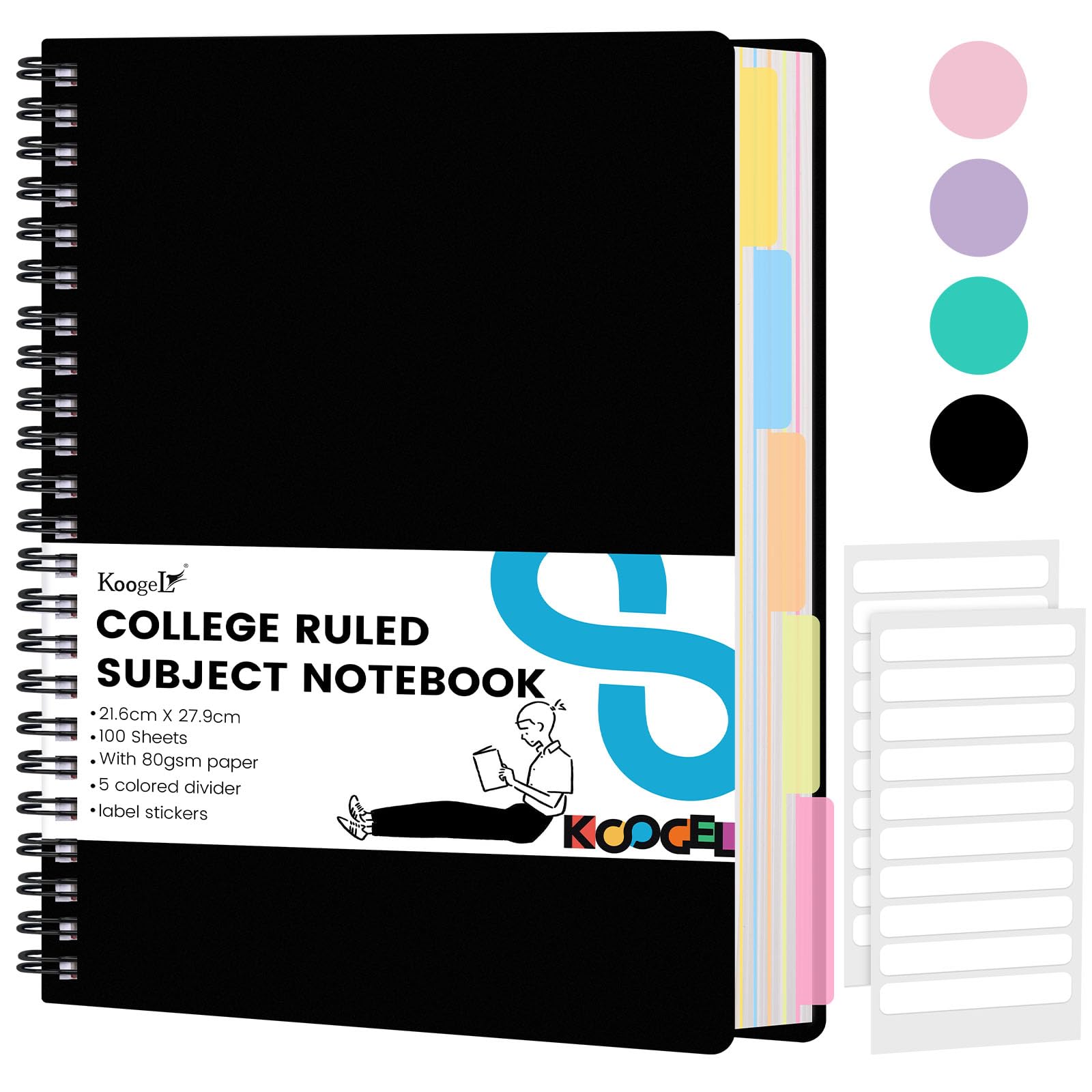 Koogel Black 5 Subject Spiral Notebook with Tabs, 200 Pages College Ruled Perforated 3-Hole Punched