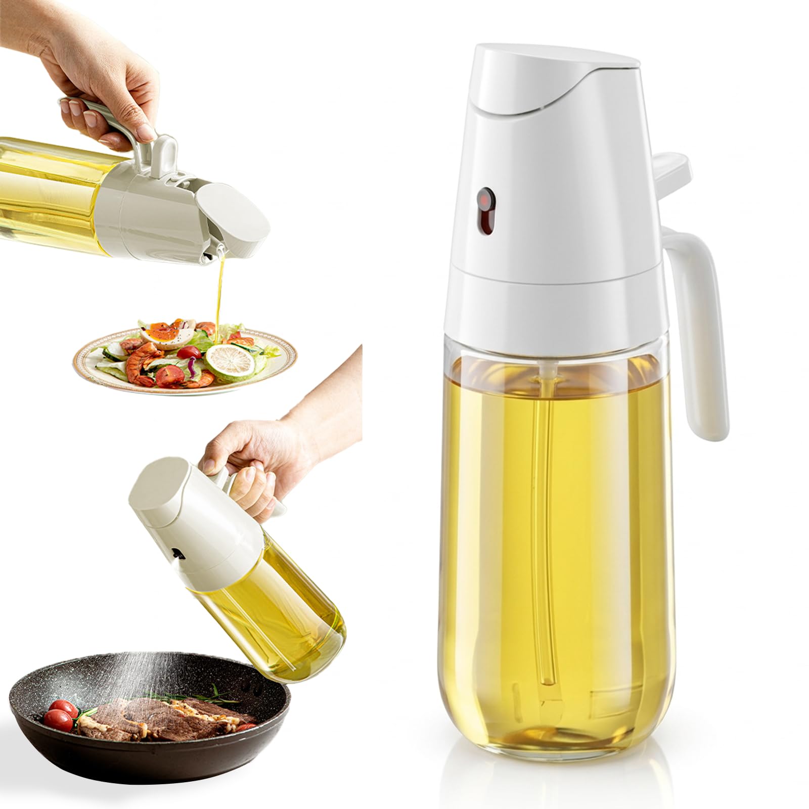 CHSEEO Olive Oil Sprayer Bottle for Cooking 500ml – 2-in-1 Spray & Pour, 304 Metal Filter Anti-Clog, 60°3D Atomizing Spray for Salad BBQ Steak Stir fry