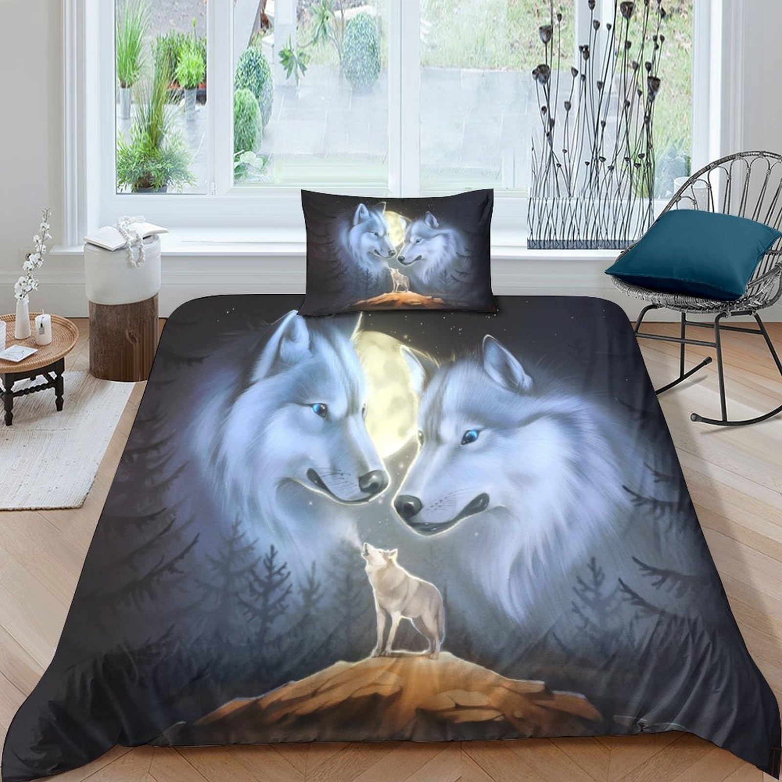 Housse de couette loup 3D imprimé loup en microfibre 135x200cm pour lit simple avec taies