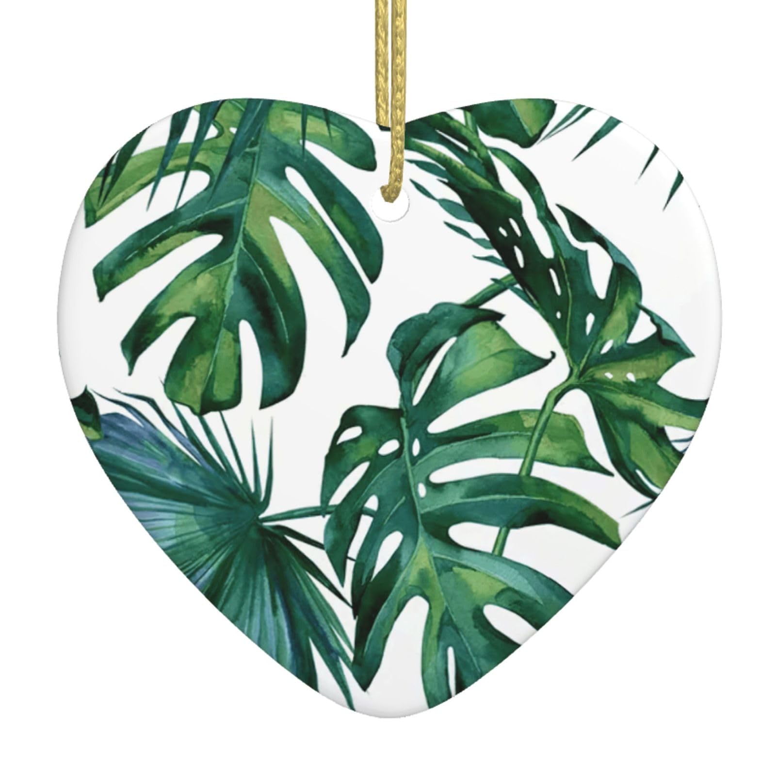 Nbtghga White Green Banana Leaves Print Christmas Ornaments, Ceramic Hanging Ornament, Xmas Tree Decoration, Holiday Home Decor