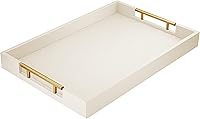 ATZYmolin 17x12 Inch White Wooden Serving Tray with Gold Handles - Ottoman Coffee Table Vanity Decor Platter