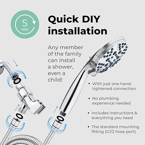 Miniatura 6 de LOKBY Cabezal de ducha de mano, 8 ajustes de pulverización, cabezal de ducha desmontable de alta presión con rociador de mano, instalación en 1