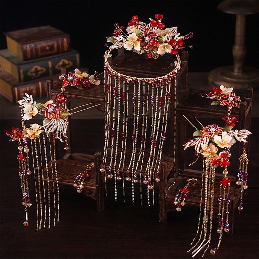 Xiuhe Tiara Bride Chinese Wedding Tassel Step Phoenix Crown Hair Accessories Set