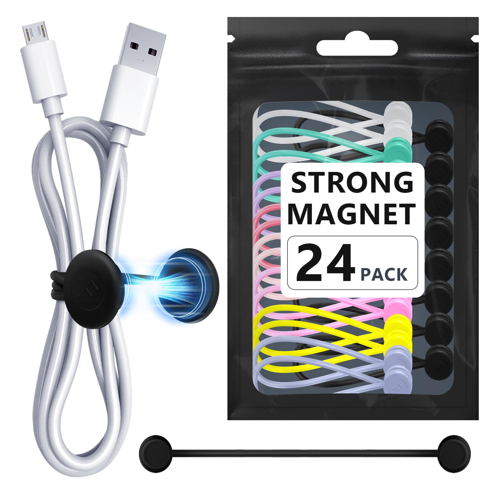Confezione da 24 fascette magnetiche per cavi, in silicone, riutilizzabili, da 17,3 cm, riutilizzabili, per impacchettare e organizzare, tenere oggetti, per organizzare cavi, clip avvolgenti, colori