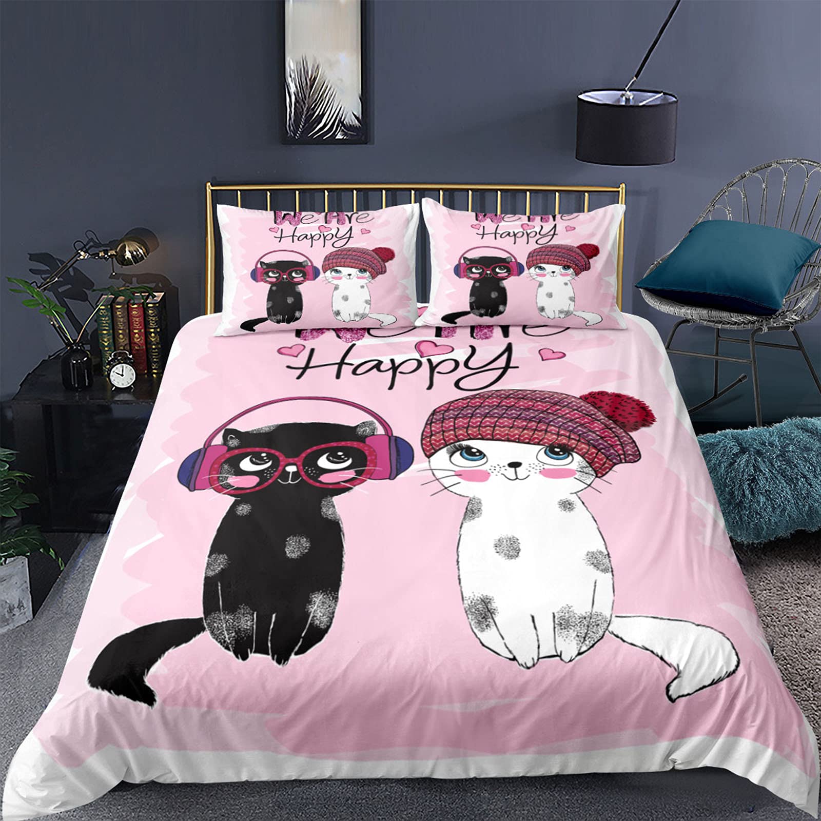 Cartoon Cat Bedding Set, Girls Super Soft Comforter Set Queen Size, Cute Cats Printed Quilt for Kids Teen, Lovely Blue Microfiber Comforter fo並行輸入 Cute Cat Comforter Cover Cartoon Cat Printed Set Bedding Set for