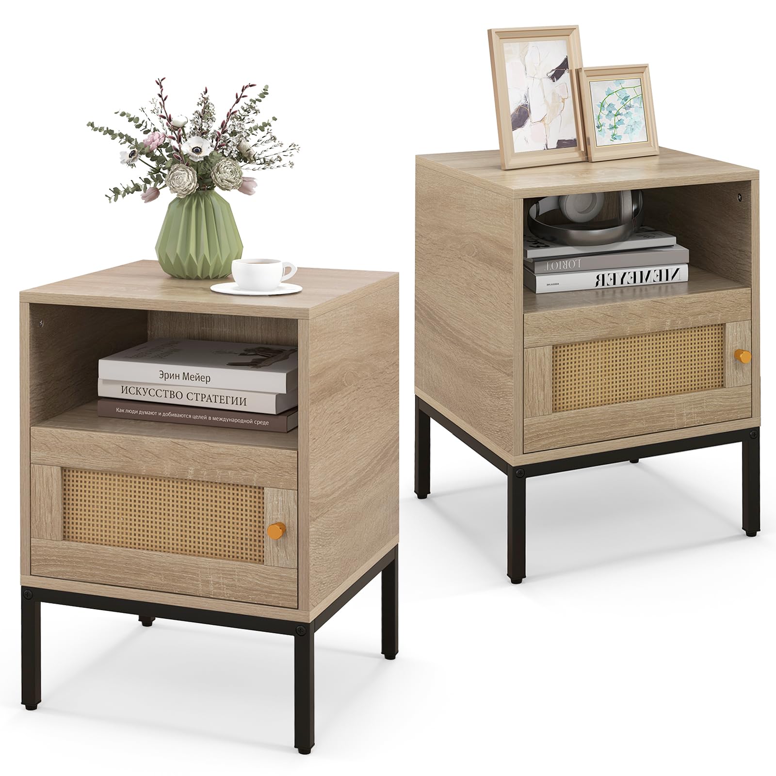 COSTWAY 1/2 Mesitas de Noche de Madera con Estante Abierto y Puerta, Mesillas de Noche Bohemio con Patas de Metal, Mesa de Cabecera Dormitorio Salon Sofa, 40 x 40 x 57 cm, Natural (2)
