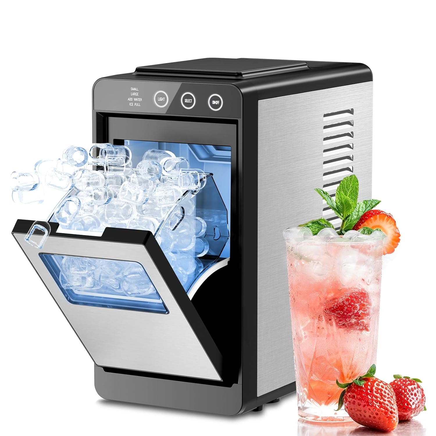 Kismile Ice Maker Countertop, 26Lbs/24H Ice Maker with 2 Sizes Bullet Ice, Interior Light, Self-Cleaning, Fast 8 Cubes in 6 Mins, Compact Ice Maker for Kitchen, RV, Personal Use, Stainless Steel