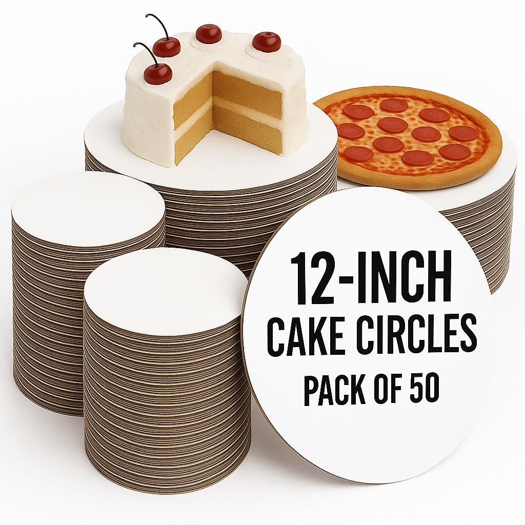 Pizety 12 Inch Cake Circles (Pack of 50) – Sturdy White Corrugated Cardboard Cake Boards, 100% Food Safe, Disposable Round Cake Circles for Cakes,