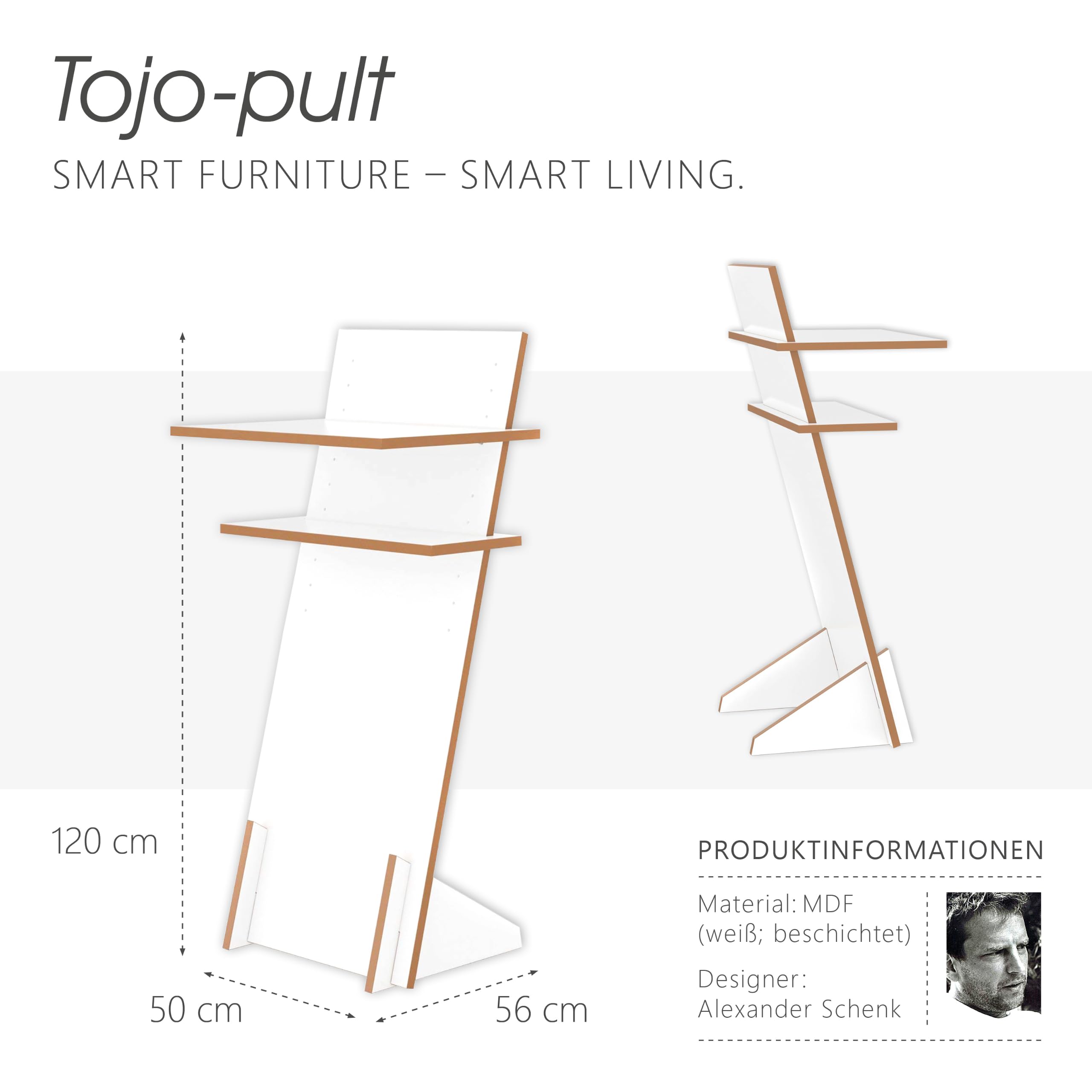 Tojo Pult | Stehpult höhenverstellbar | Auch als Sitzpult geeignet | 120 cm x 50 cm (H x B) | Farbe Weiß | Schreibpult mit verstellbaren Fächern | Holzpult zu Lesen und Schreiben | Design Pult