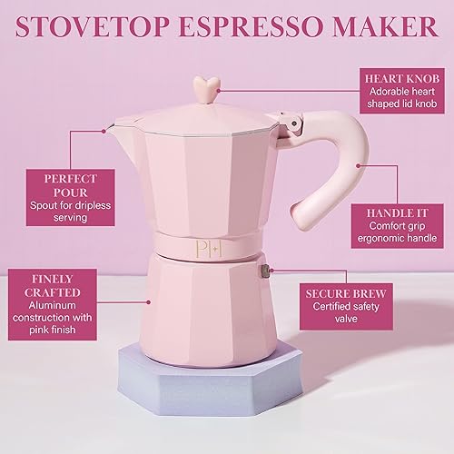 Miniatura 5 de Paris Hilton Cafetera de café y café para estufa, cafetera de estilo italiano y cubano con emblemática perilla de corazón, perfecta para expreso