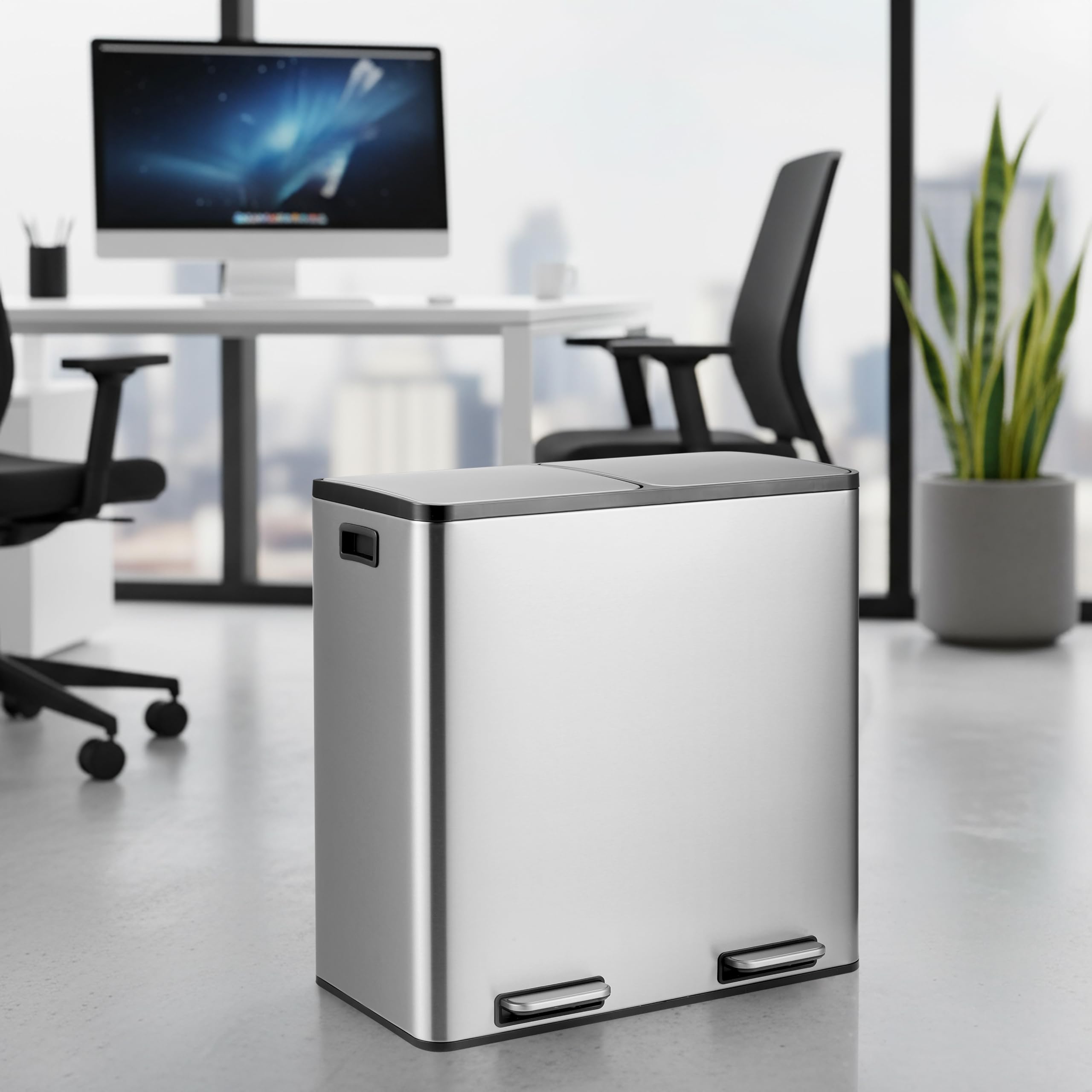 hjh OFFICE Mülleimer Küche 2 x 30 L, Mülltrennsystem mit 2 Fächer Clean 13 Metall Abfalleimer, Treteimer, herausnehmbare Inneneimer, Silber