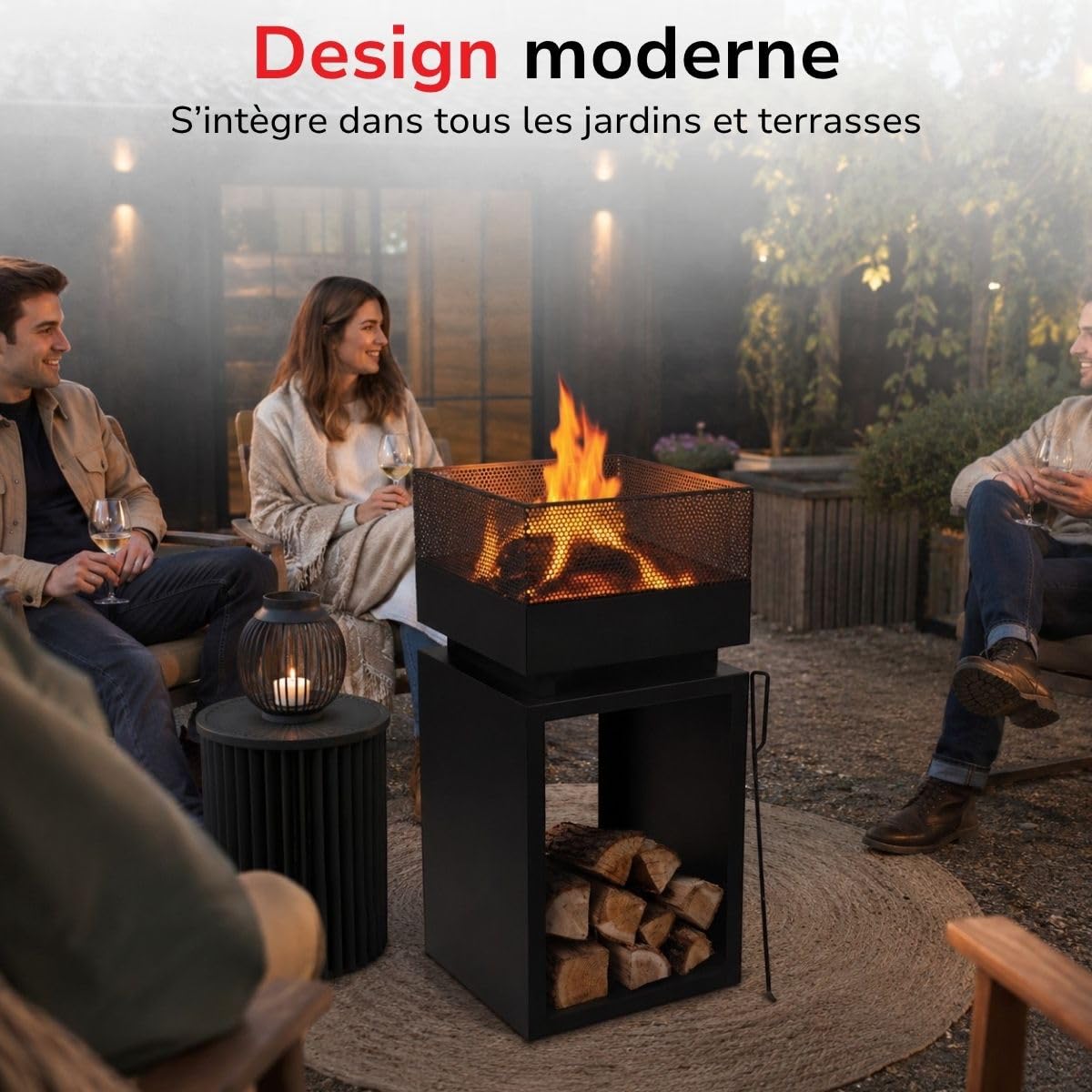 BBQ Collection Brasero Exterieus avec Pare-Étincelles - Cheminée de Jardin 39 x 39 x 85 cm - Cheminée Decoration Jardin Exterieur et Rangement du Bois de Chauffage - Acier au Carbone