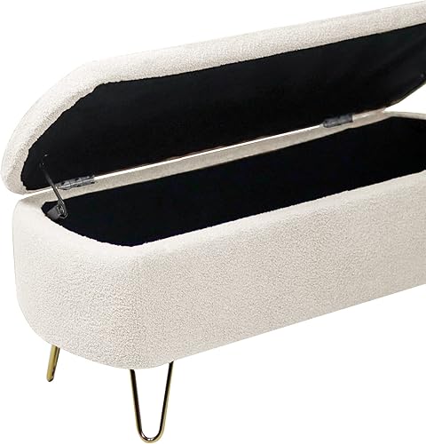 Miniatura 4 de Banco otomano de piel sintética marfil con patas doradas, banco de almacenamiento moderno para el extremo de la cama