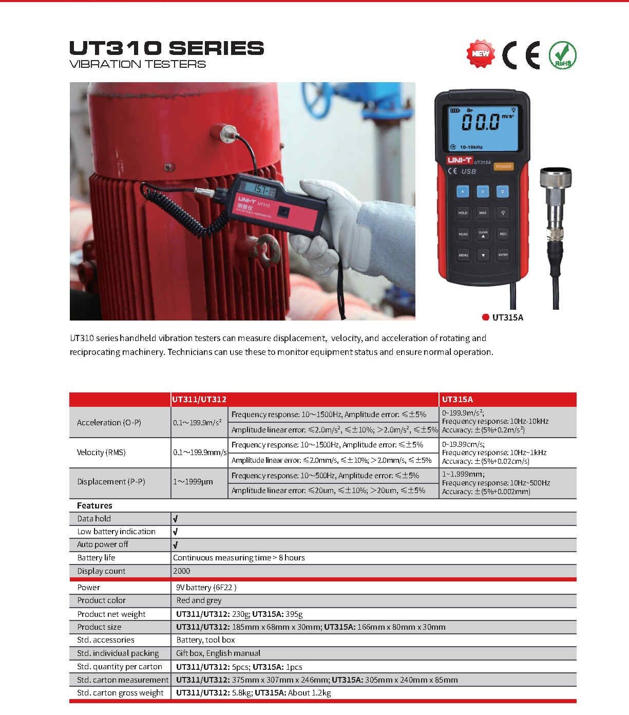 UNI-T Uni-trend Vibration Testers UT315 A Digital Vibration Testers Digital vibrometer portable vibration measuring instrument Test & USB Interface(UT315A)