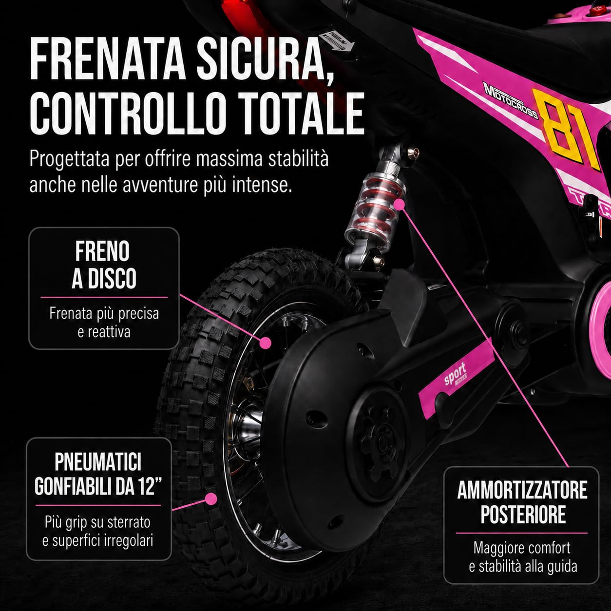 TOYSCAR Moto Elettrica per Bambini 24V 10Ah NITRO GT Motore 350W, Minimoto Elettrica Moto Cross Elettrica, Pit Bike Elettrica, Ruote Gonfiabili 12" Freno a Disco, Sedile in Pelle, 5-10 Anni