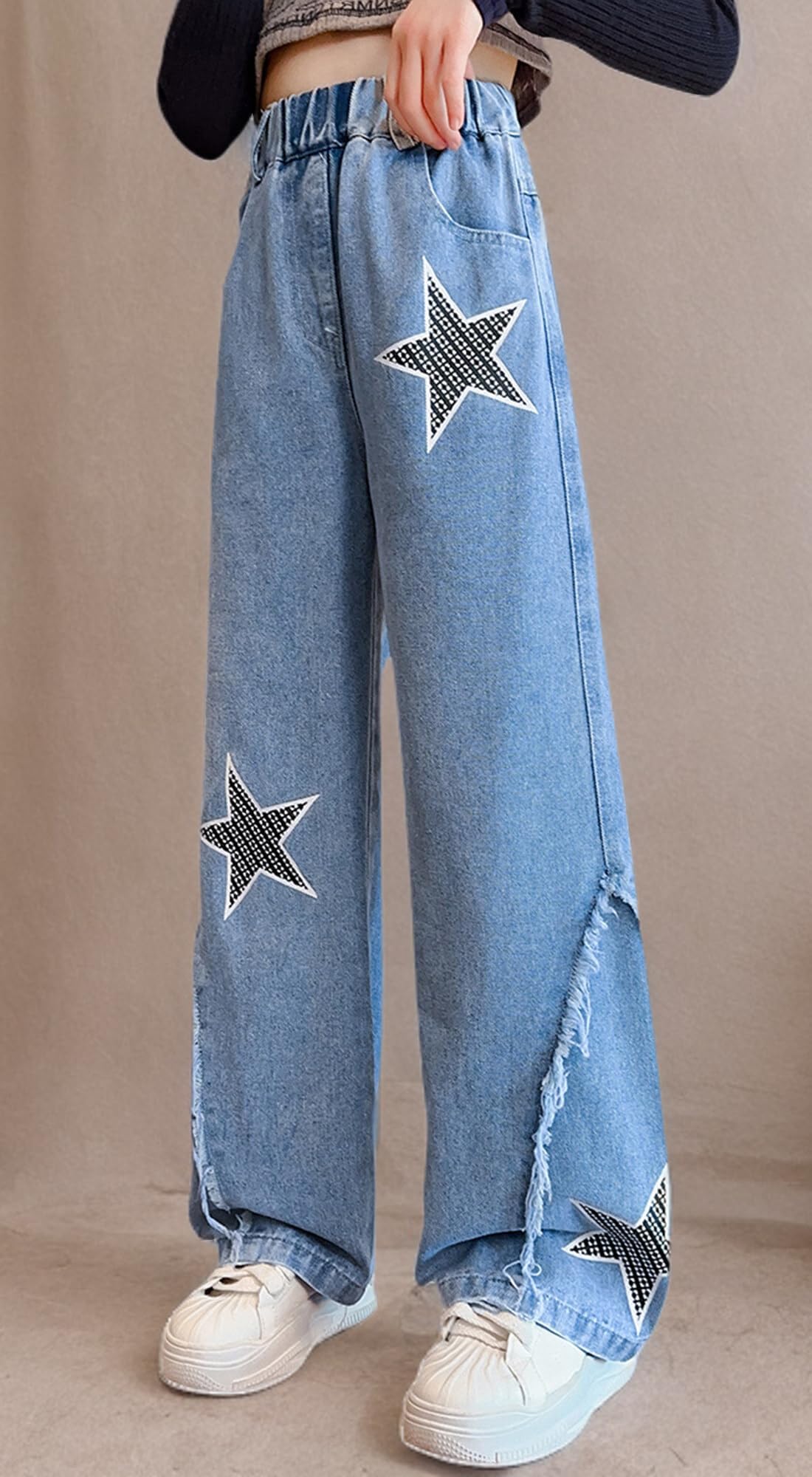 Happy Cherry Jeans da ragazza a gamba larga dritta svasata in denim per tutte le stagioni 5-15 anni