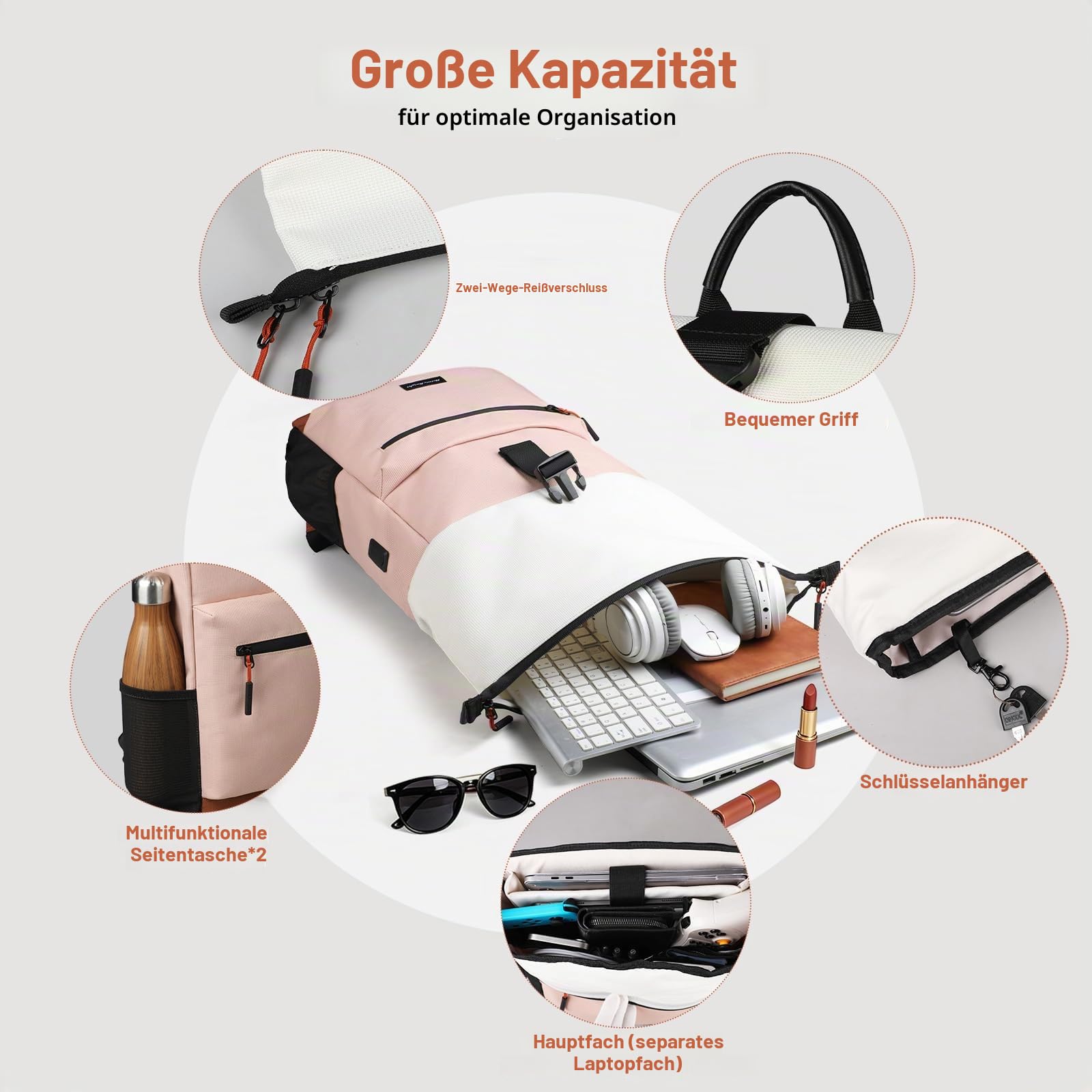 hk Rolltop Rucksack Damen Laptop Rucksack 17 Zoll Erweiterbar Großer | Wasserabweisender Arbeitsrucksack mit USB-Anschluss, Großem Stauraum für Reisen Uni und Alltag