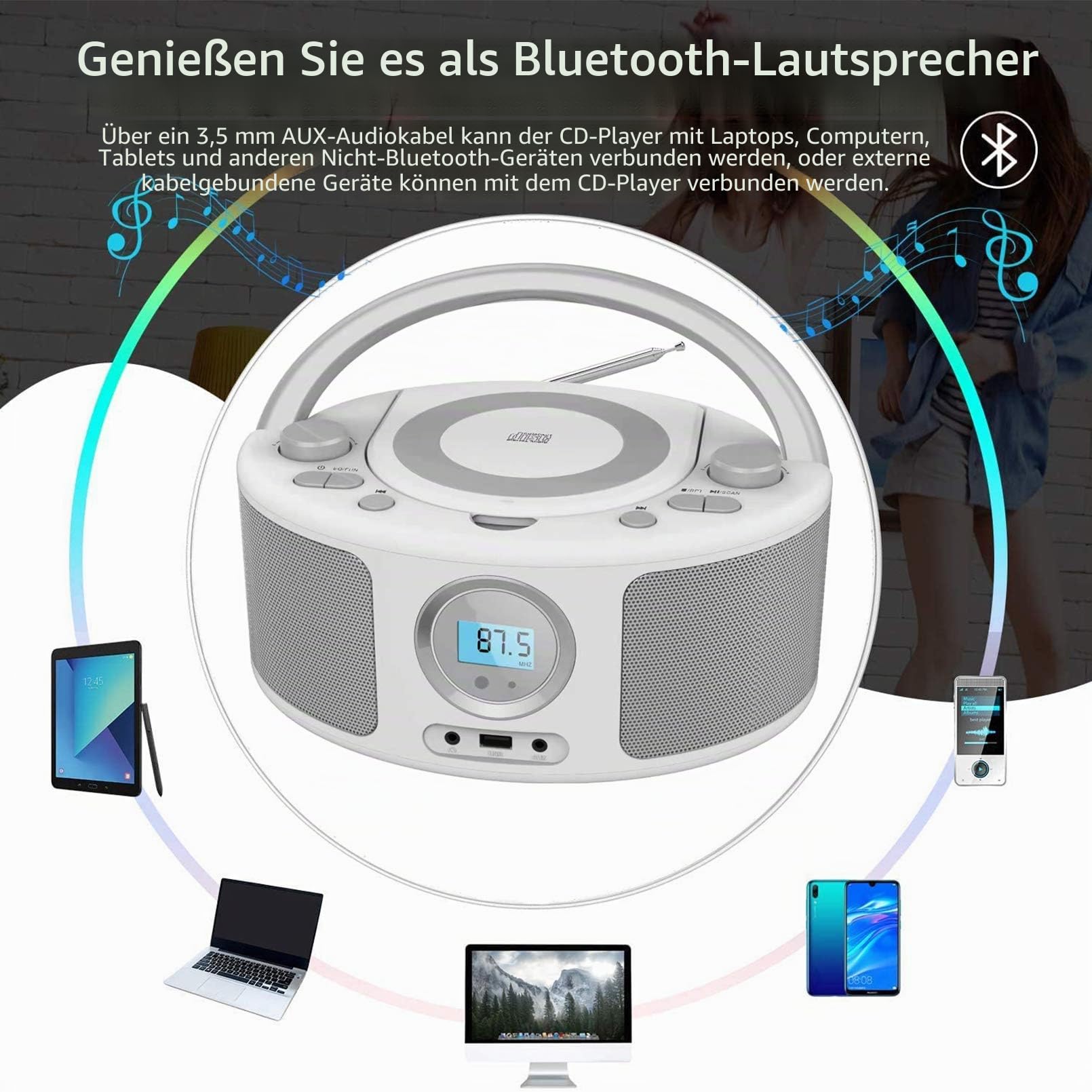 Tragbar CD Radio Boombox mit Bluetooth (CD-Player, Fernsteuerung, Bluetooth, UKW Radio, USB, AUX-In, 2 x 2 Watt RMS),Radio mit CD Player Stereoanlage