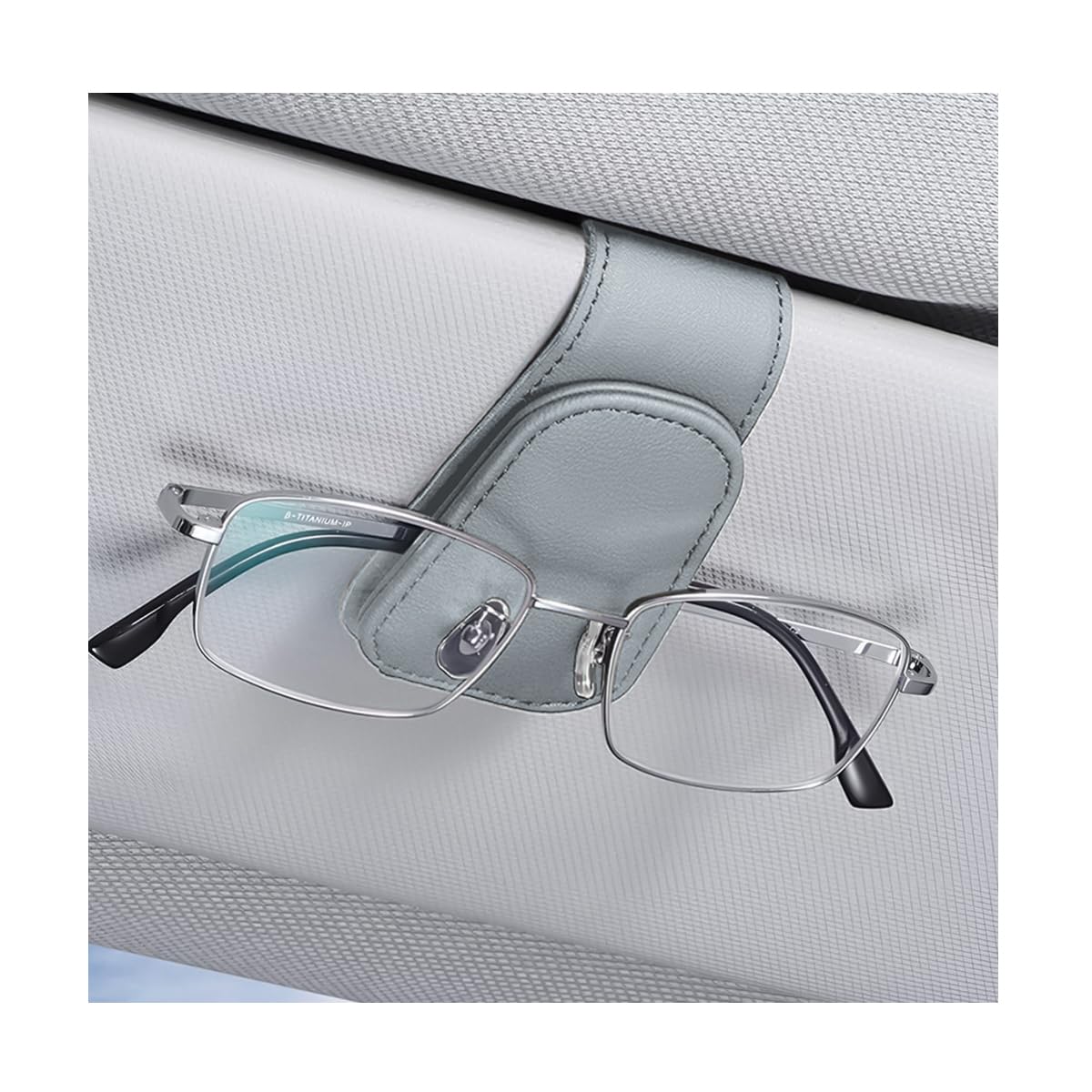 AICEL Sunglasses Holders for Car Sun Visor, Leather Eyeglasses Hanger Mounter, Magnetic Glasses Holder and Ticket Card Clip, Auto Interior Accessories Universal for SUV Pickup Truck (Light Gray)