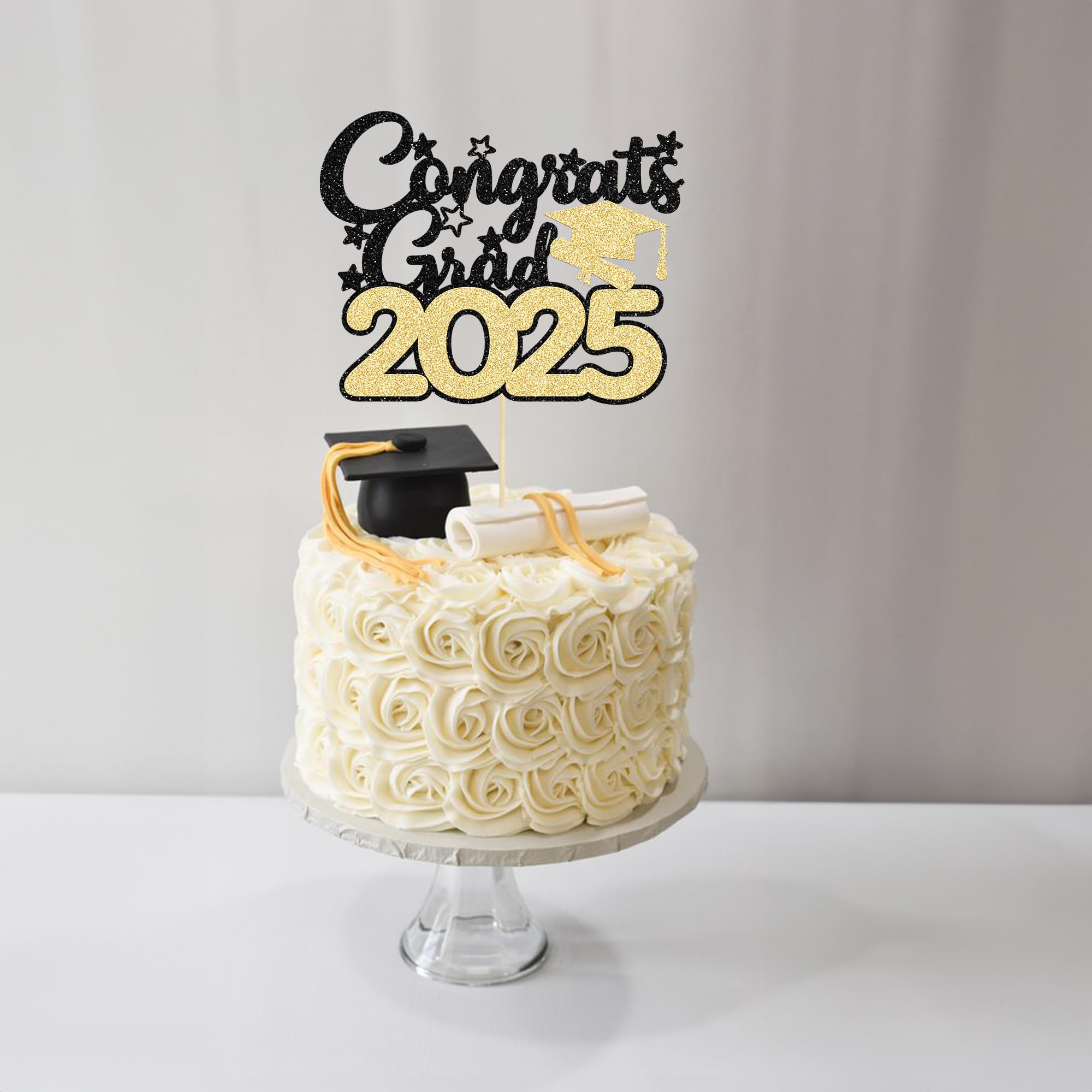 Gyufise 1 Pack Congrats Grad 2025 Cake Topper Gold 2025 Graduation Cake Decoration Glitter Grad Cap Cake Topper for Senior High School University College Graduation Party Supplies - Image 4