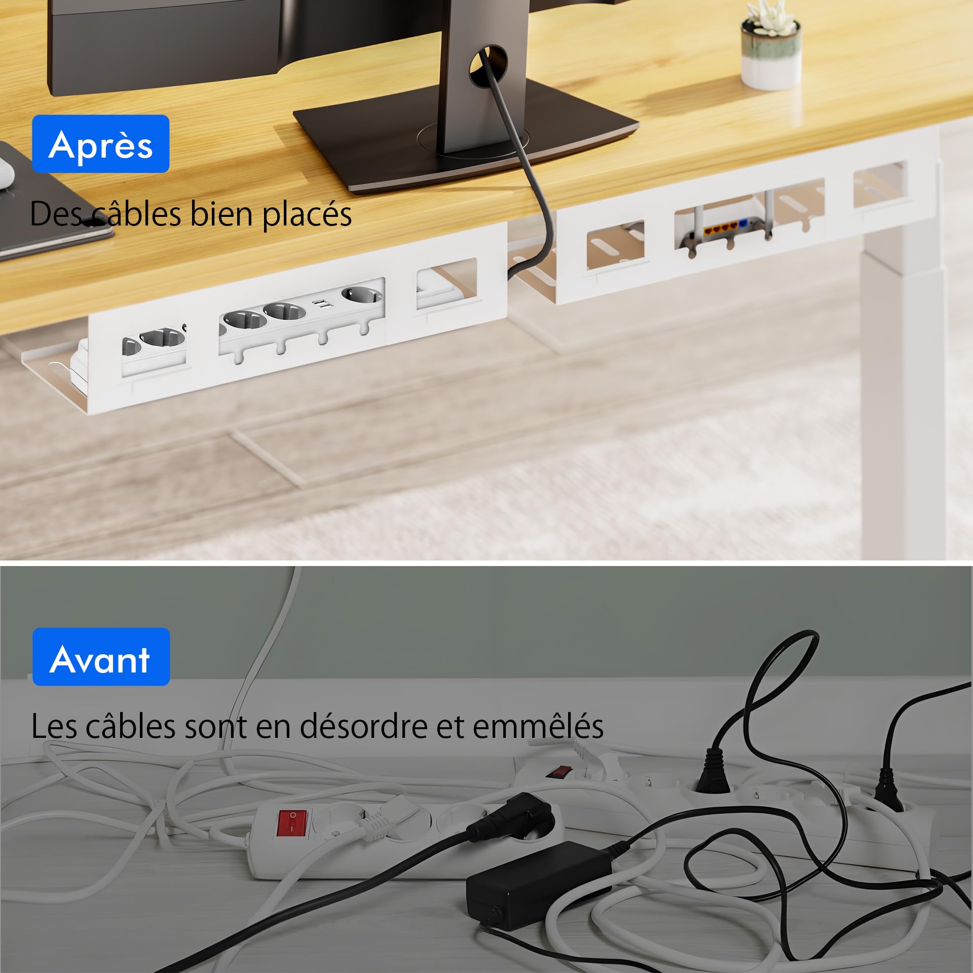 Mimoke Set de rangement pour câbles - Lot de 2 en acier noir Organisateur de câbles pour bureaux debout, boîte pour câbles et prises, revêtement en poudre, montage facile (Blanc)