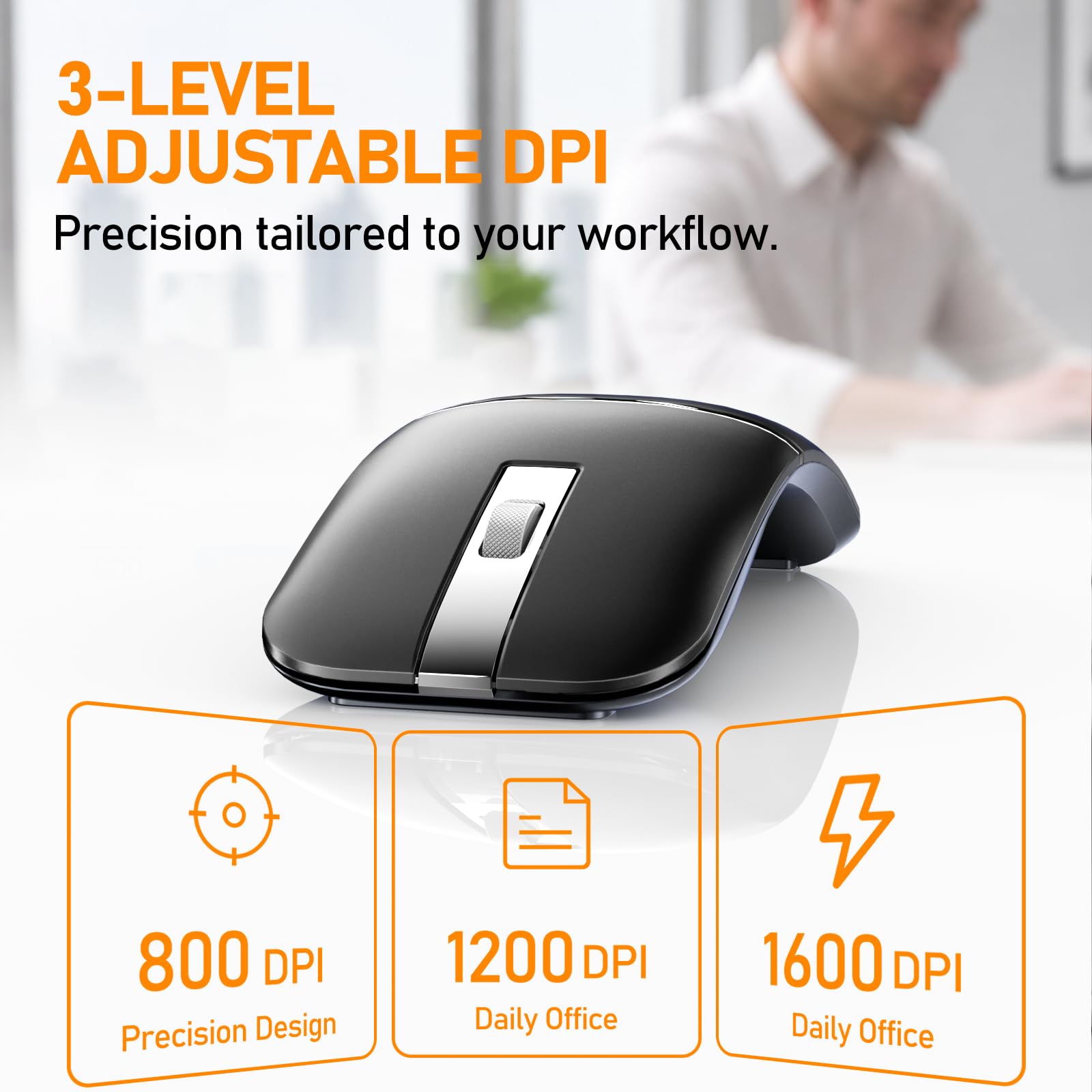 Ratón de viaje Bluetooth, giratorio de 2.4 G, recargable con receptor USB, compatibilidad de ratones inalámbricos para computadora, laptop, laptop, PC (negro)