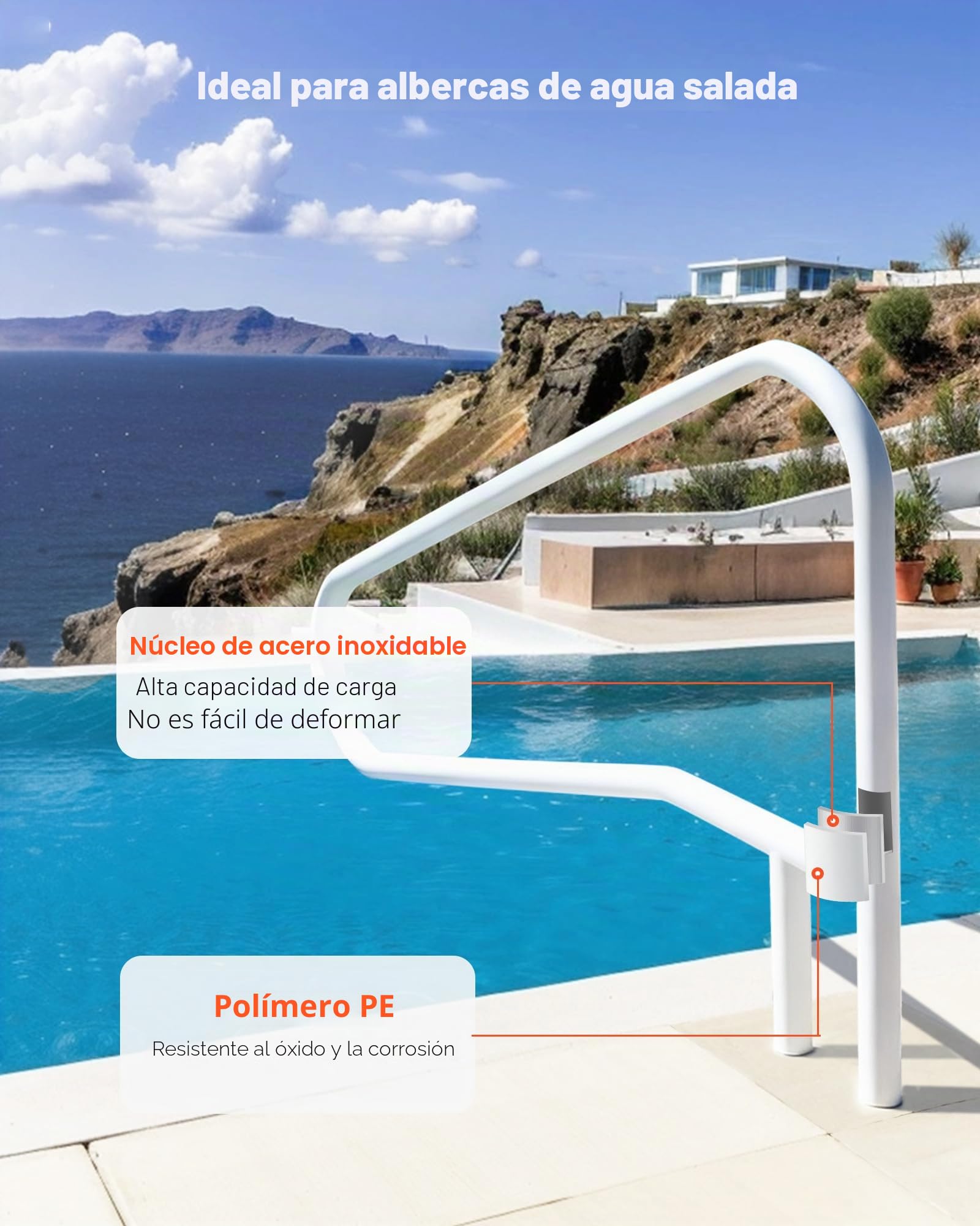 VEVOR Barandilla para Piscina, Carga de 100 kg, Acero Inoxidable, Soldadura sin Juntas, Montaje Empotrado o Sobre Base, para Piscinas, Parques Acuáticos y Spas, 1371 x 48 x 813 mm, Blanco Crema