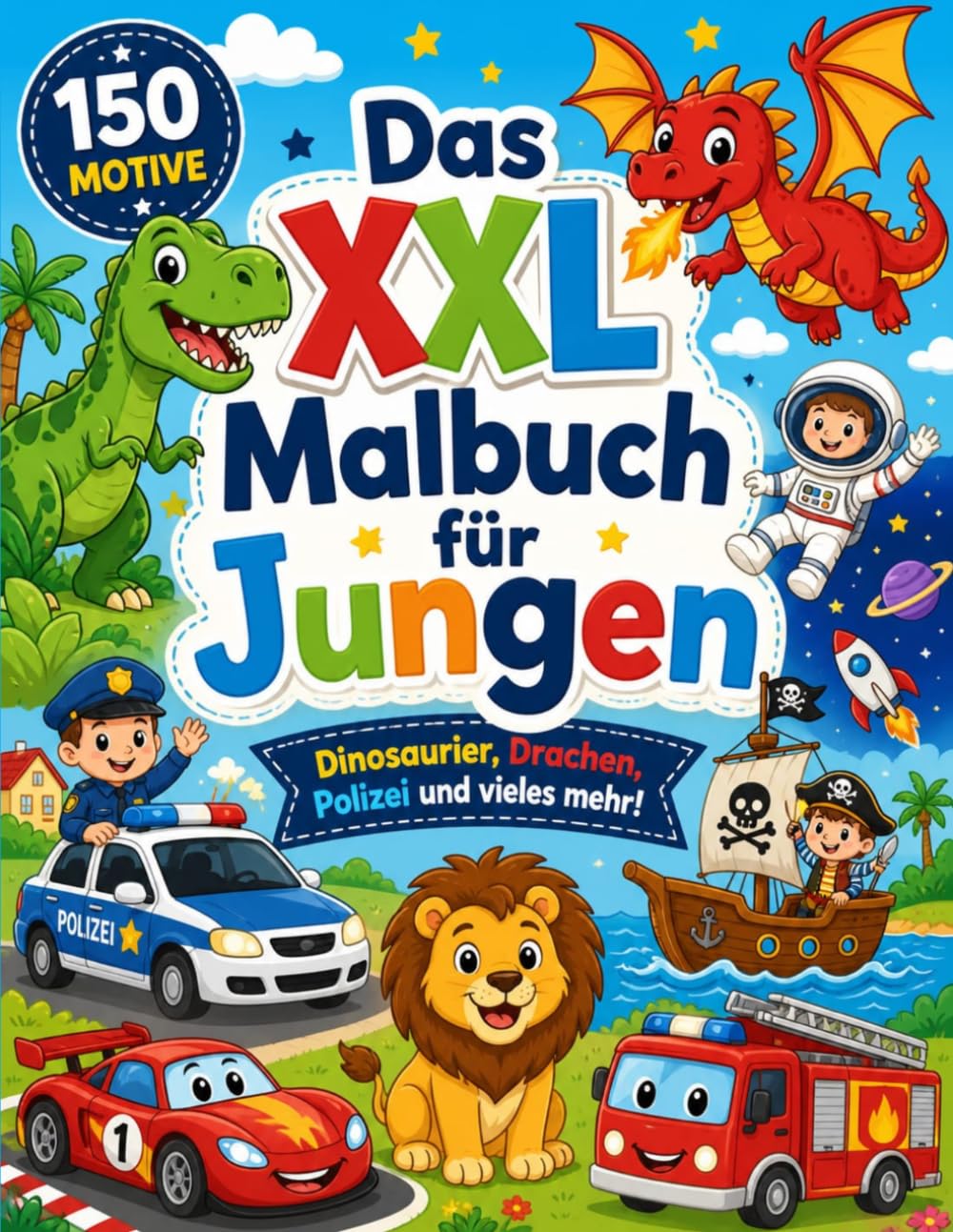 Das XXL Malbuch für Jungen - großes Malbuch ab 4 Jahren: Feuerwehr, Polizei, Dinosaurier, Bagger, Weltall, Tiere, Superhelden, Cowboys, Piraten, Fahrzeuge, Flugzeuge, Bahn