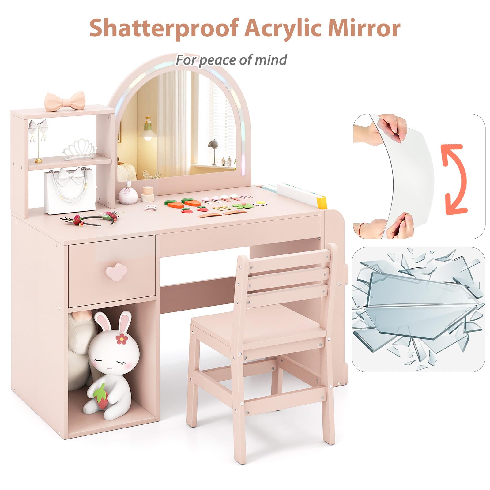 LIFEZEAL Ensemble de Coiffeuse 2 en 1 pour Enfants, Coiffeuse Princesse avec Miroir LED et Tabouret, Coiffeuse en Bois avec tiroir et étagère, Ensemble de Coiffeuse pour Filles 3 Ans et Plus (Rose)