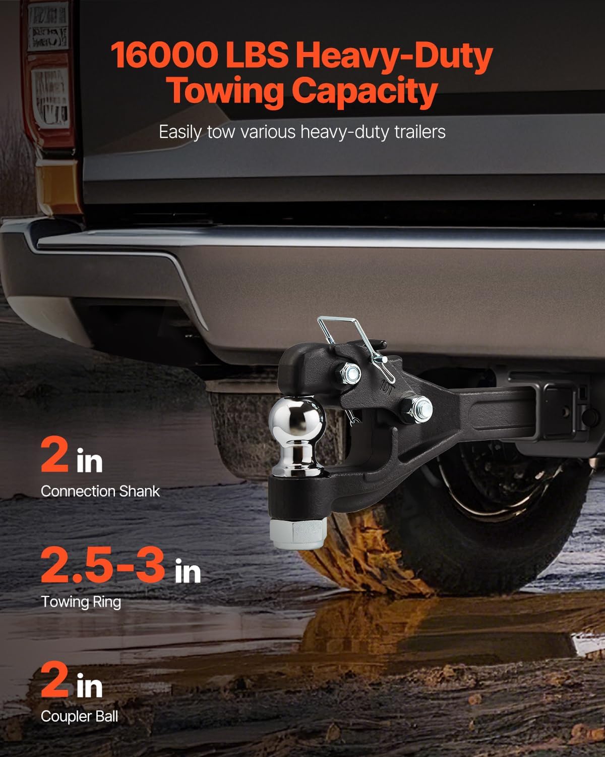 Happybuy Pintle Hook, 16,000 lbs Towing Capacity, Compatible with 2-Inch Military Receiver Hitch, Includes 2-Inch Hitch Ball, Fits 2.5 to 3-Inch Lunette Ring, Black Powder Coat Finish
