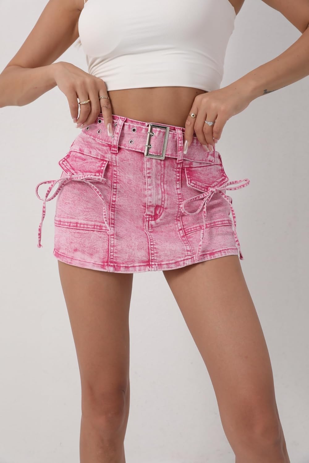 Women's High Waisted Denim Skort with Belt Vibrant Stretch Jean Shorts Skort - Image 3
